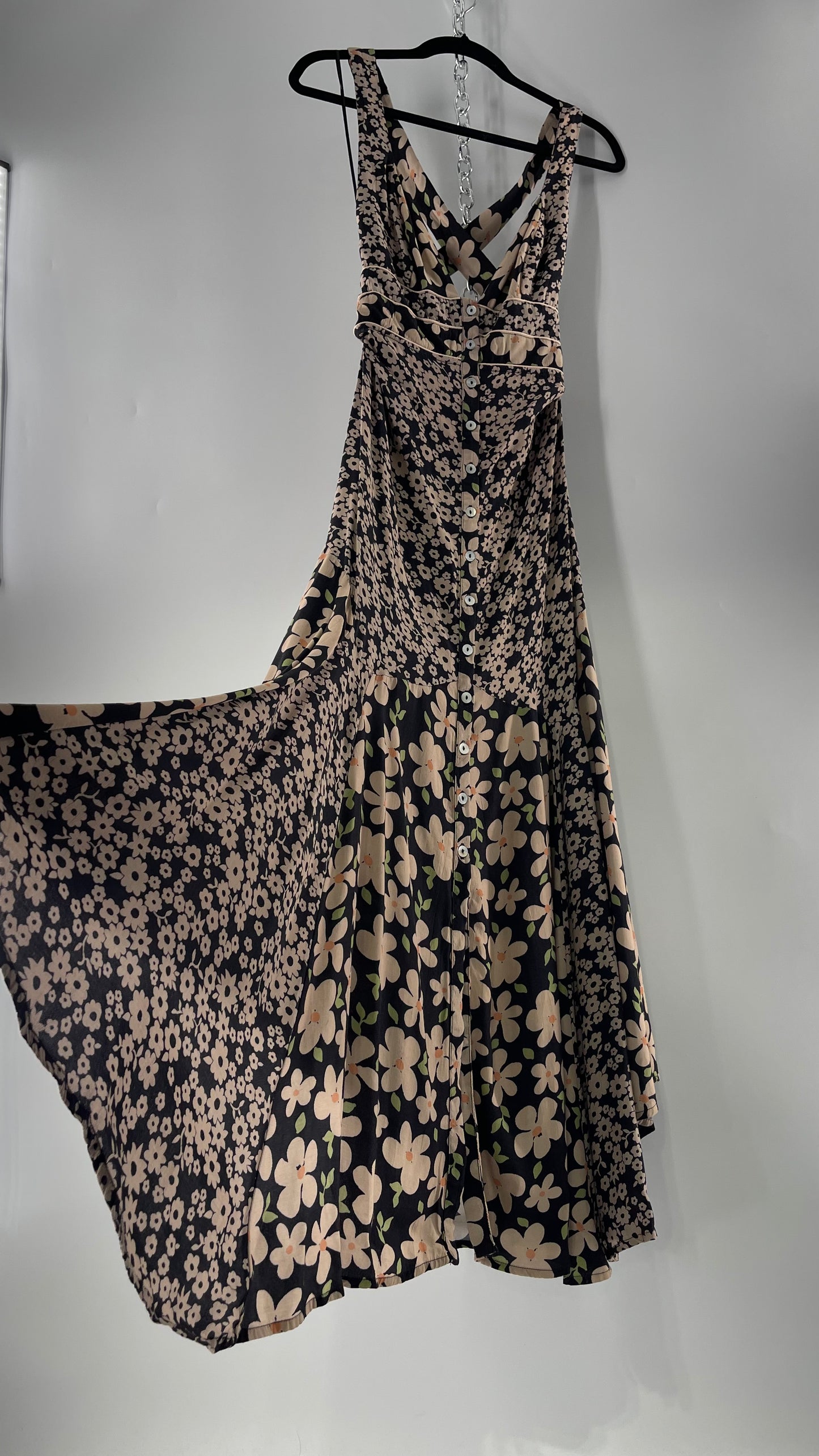 Free People Daisy Mixed Pattern Black/Beige Button Front Full Length Dress (XS)
