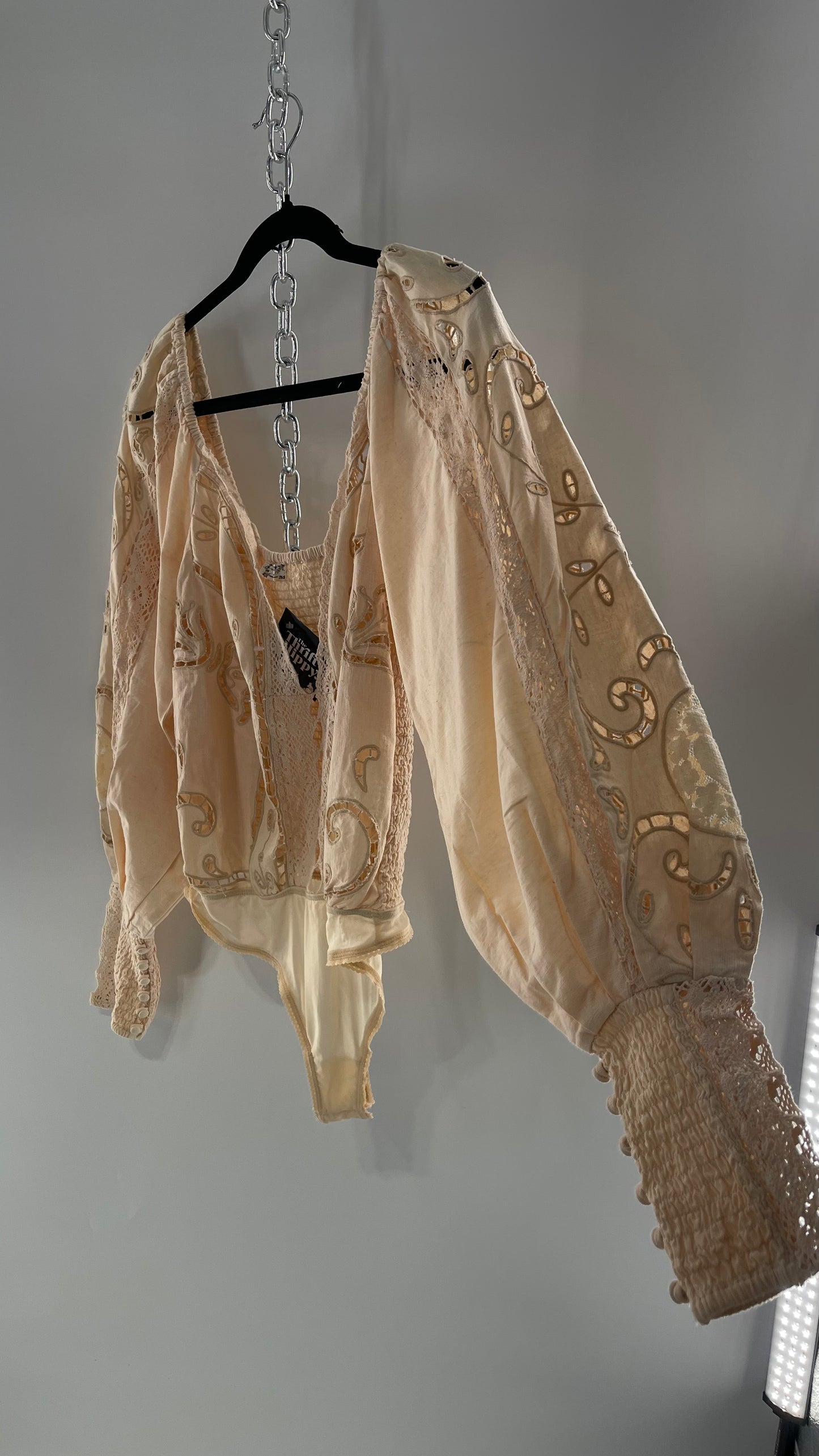 Free People Off White Cotton Bodysuit with Embroidered Lace Balloon Bishop Sleeve and Smocked, Buttoned Cuffs (Large)