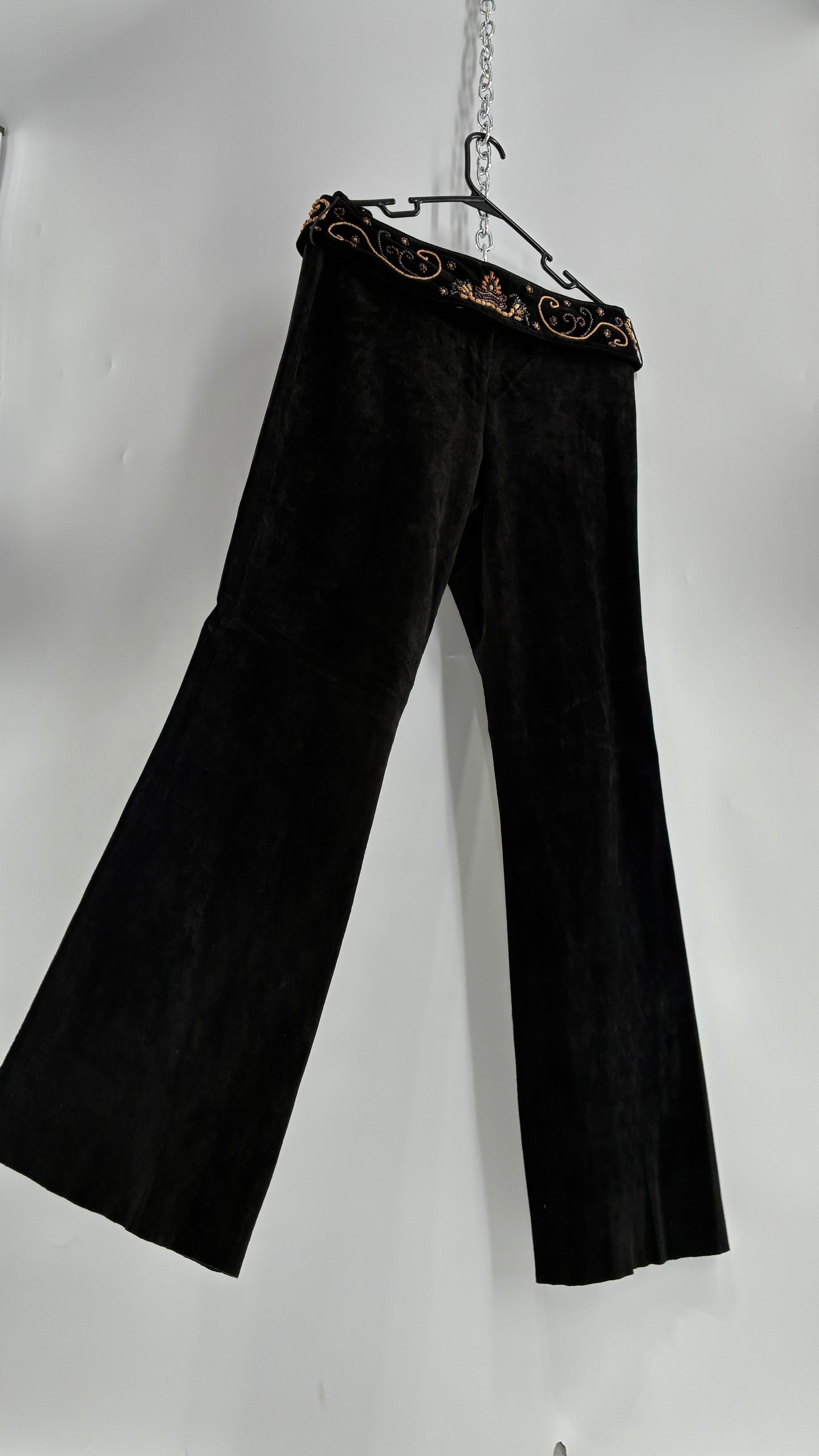 Vintage Margaret Godfrey Black Genuine Suede Leather Kick Flares with Wide Beaded Belt (10)