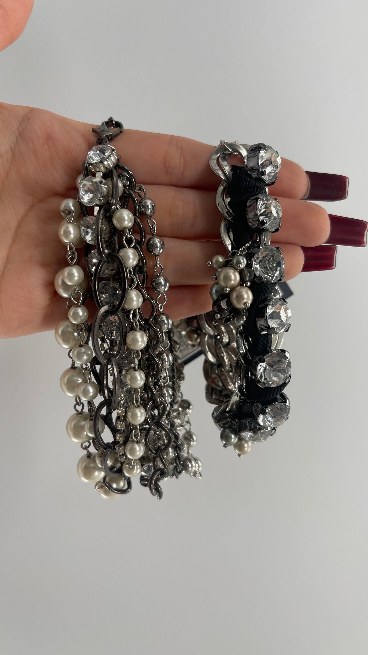 Vintage Heavy Layered Pearl Gunmetal Chain and Oversized Rhinestone 2pc Bracelet Set
