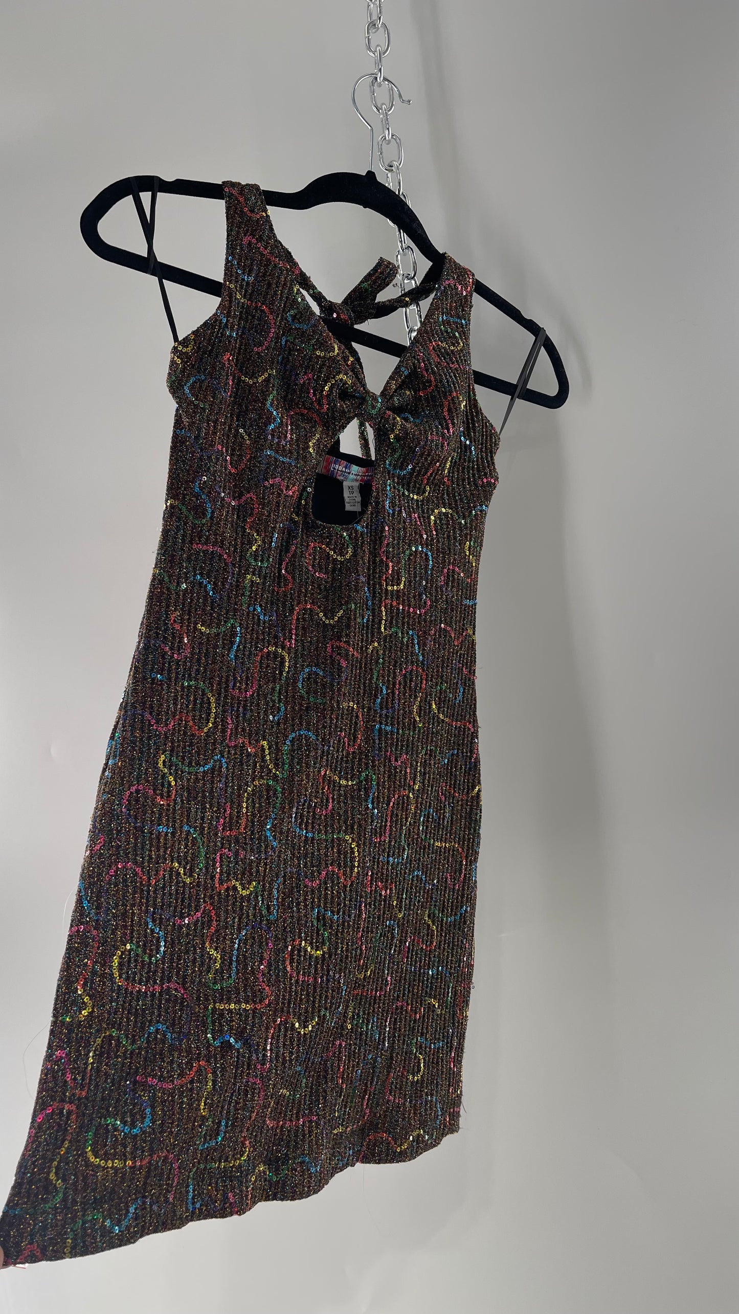 Urban Outfitters Gold Tinsel Rainbow Sequin Halter Mini (XS)