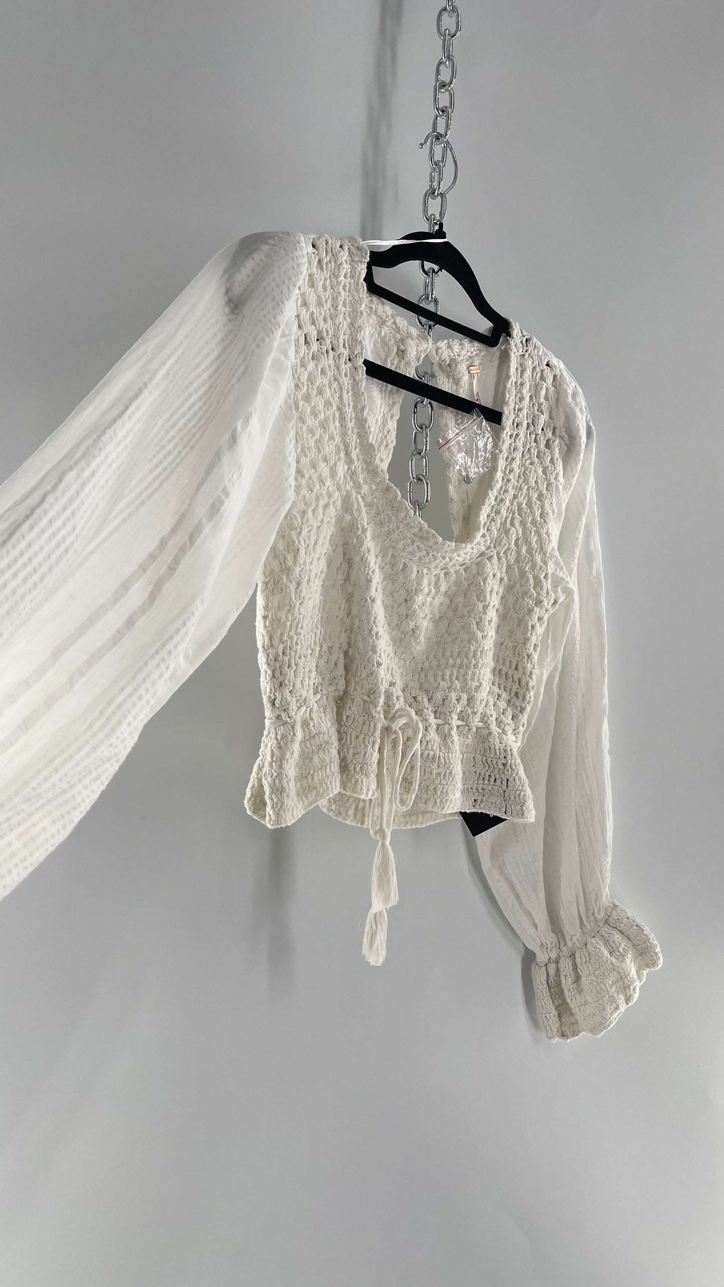 Free People White Megan Blouse with Crochet Knit Bodice and Open Back (XS)