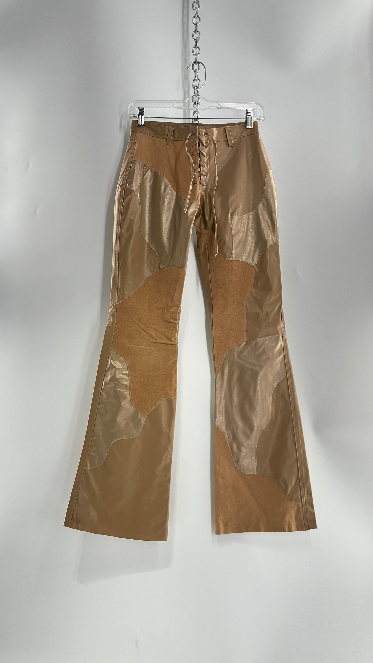 Vintage OUTER EDGE Patchwork Vegan Leather Kickflares with Tie Up Waistline (3)