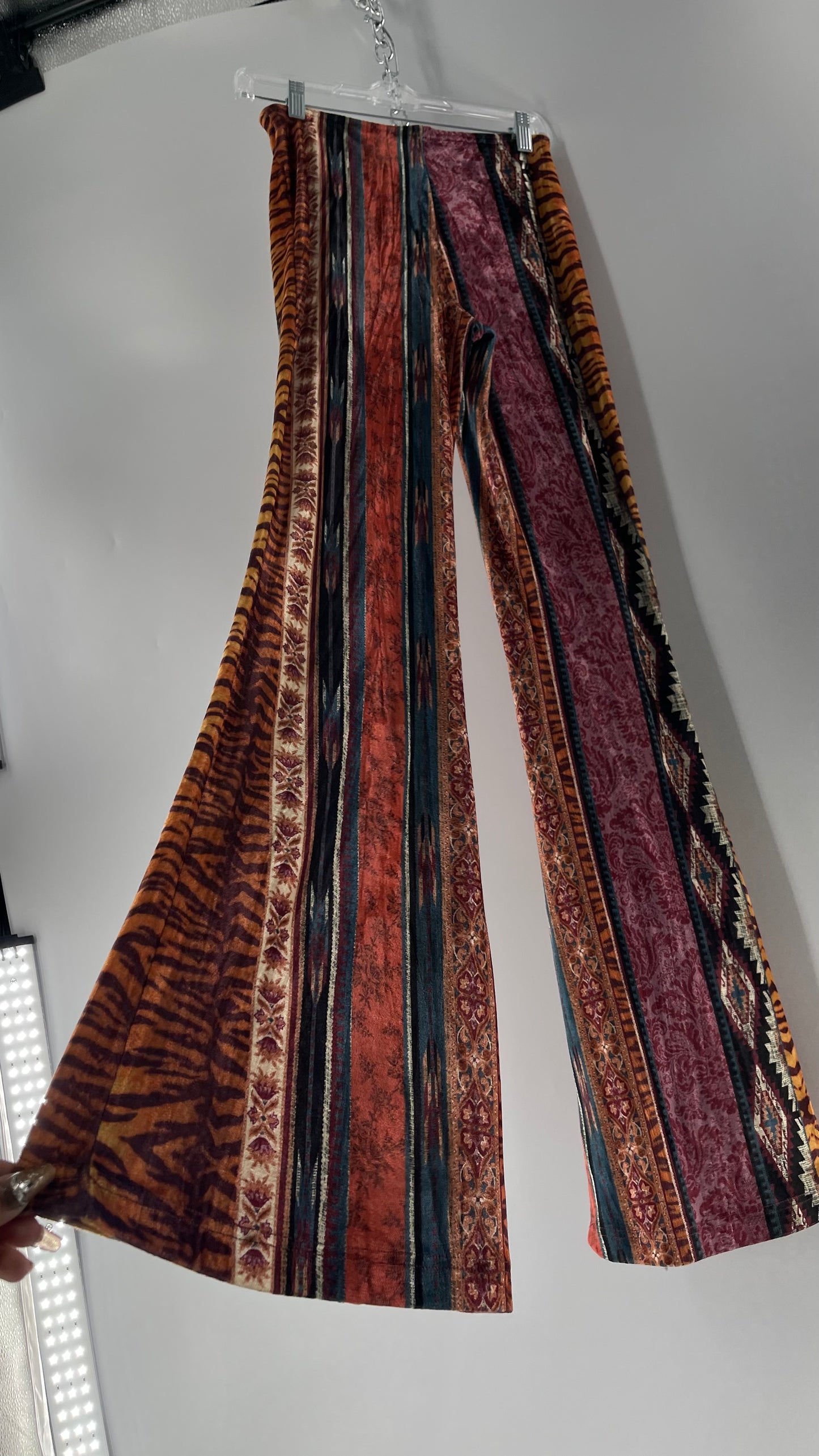 Urban Outfitters Velvet Scrunch Front Maroon Mixed Pattern Flared Bell Bottoms (Medium)