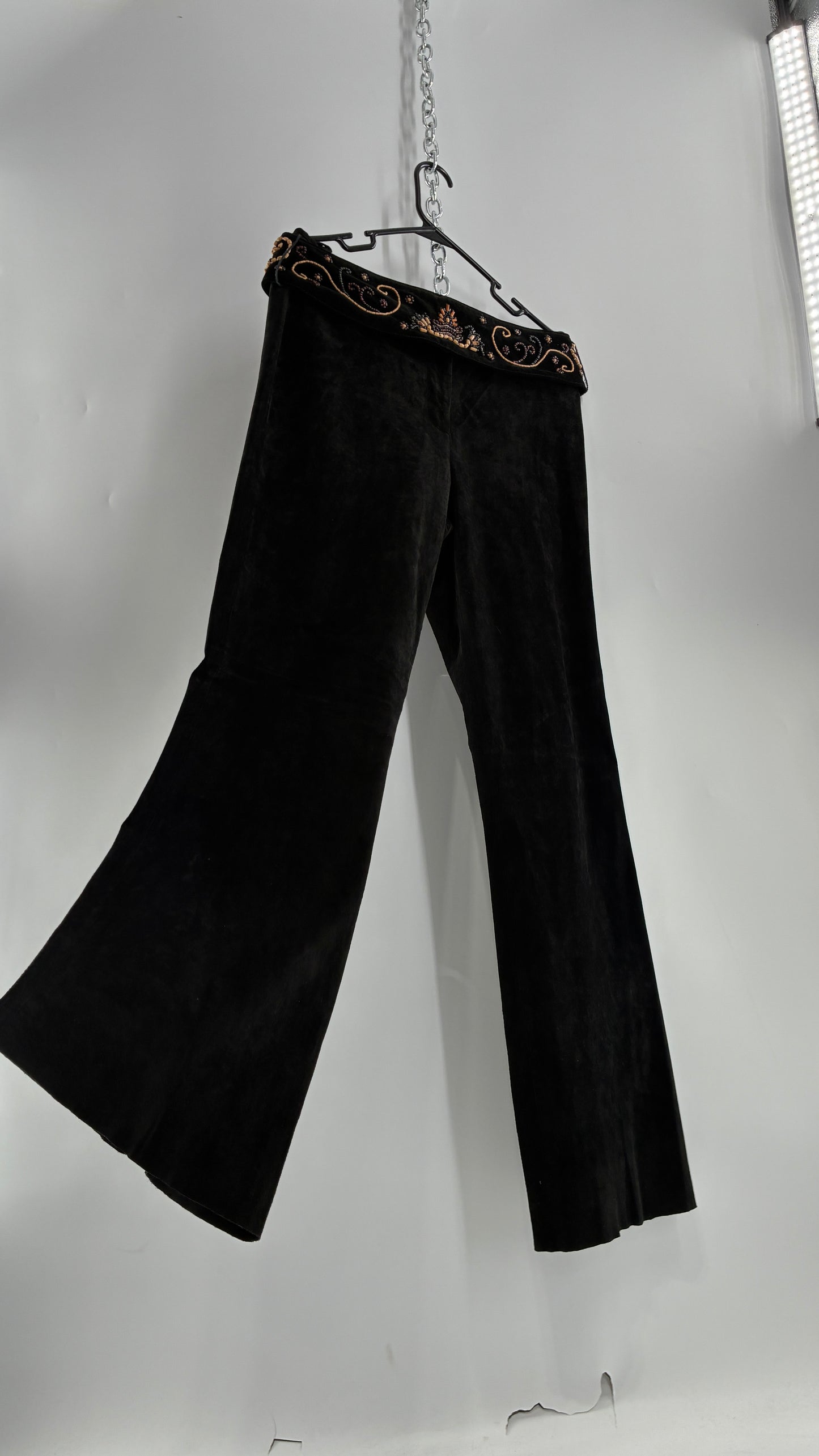 Vintage Margaret Godfrey Black Genuine Suede Leather Kick Flares with Wide Beaded Belt (10)