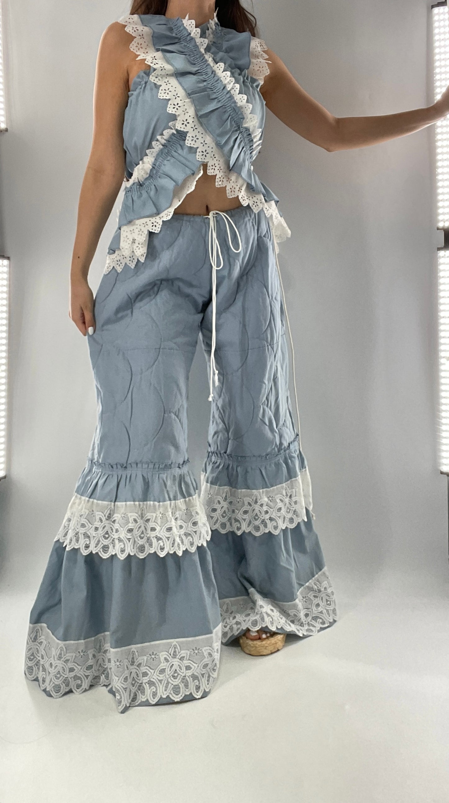 Vintage 2 Piece Powder Blue Set Featuring 2Way Blouse and Quilted Trousers Covered in Ruffles, Lace and Trim (One Size)