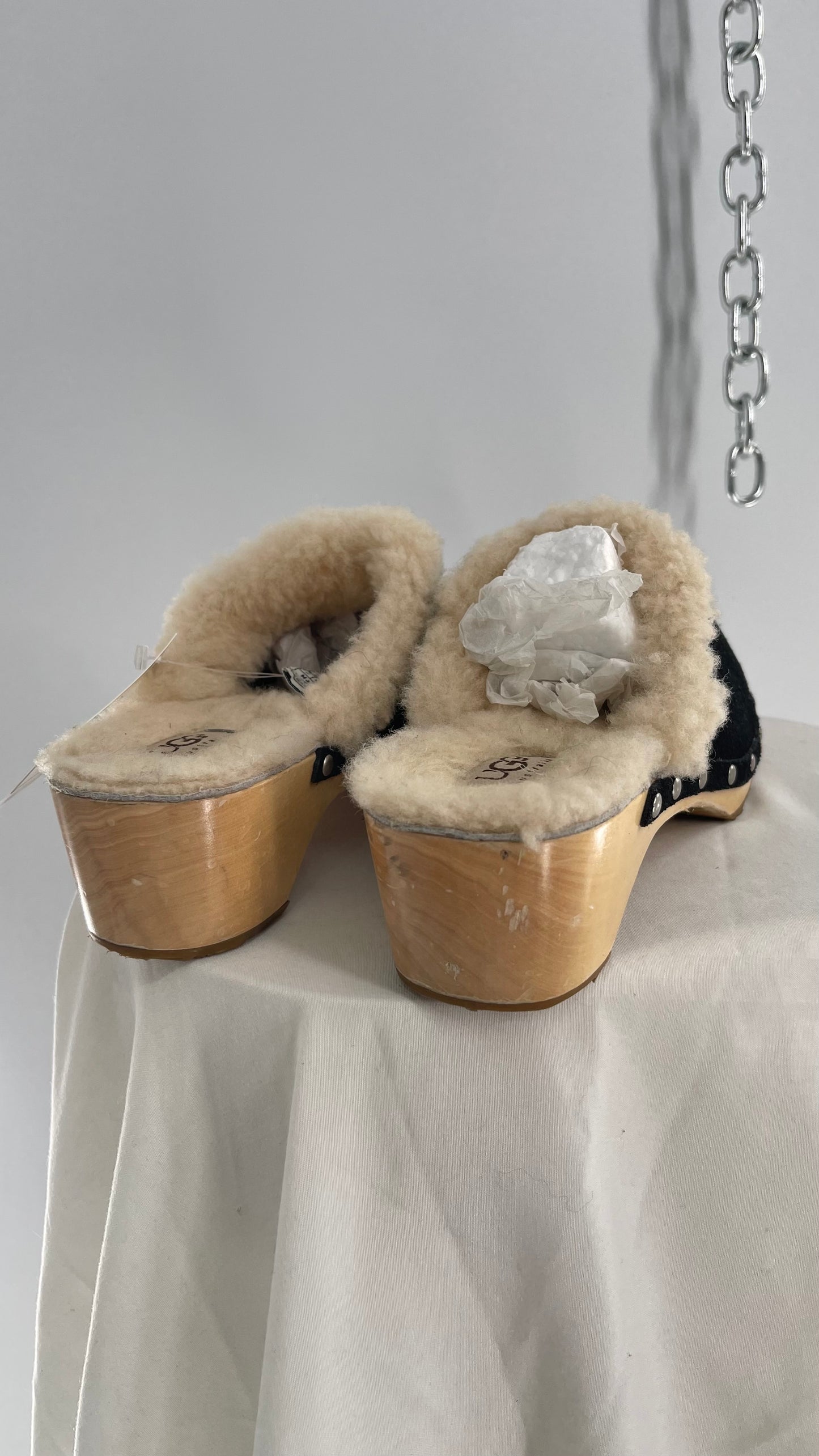 UGG Vintage Side Studded Black Suede Fur Lined Wooden Clog (8)