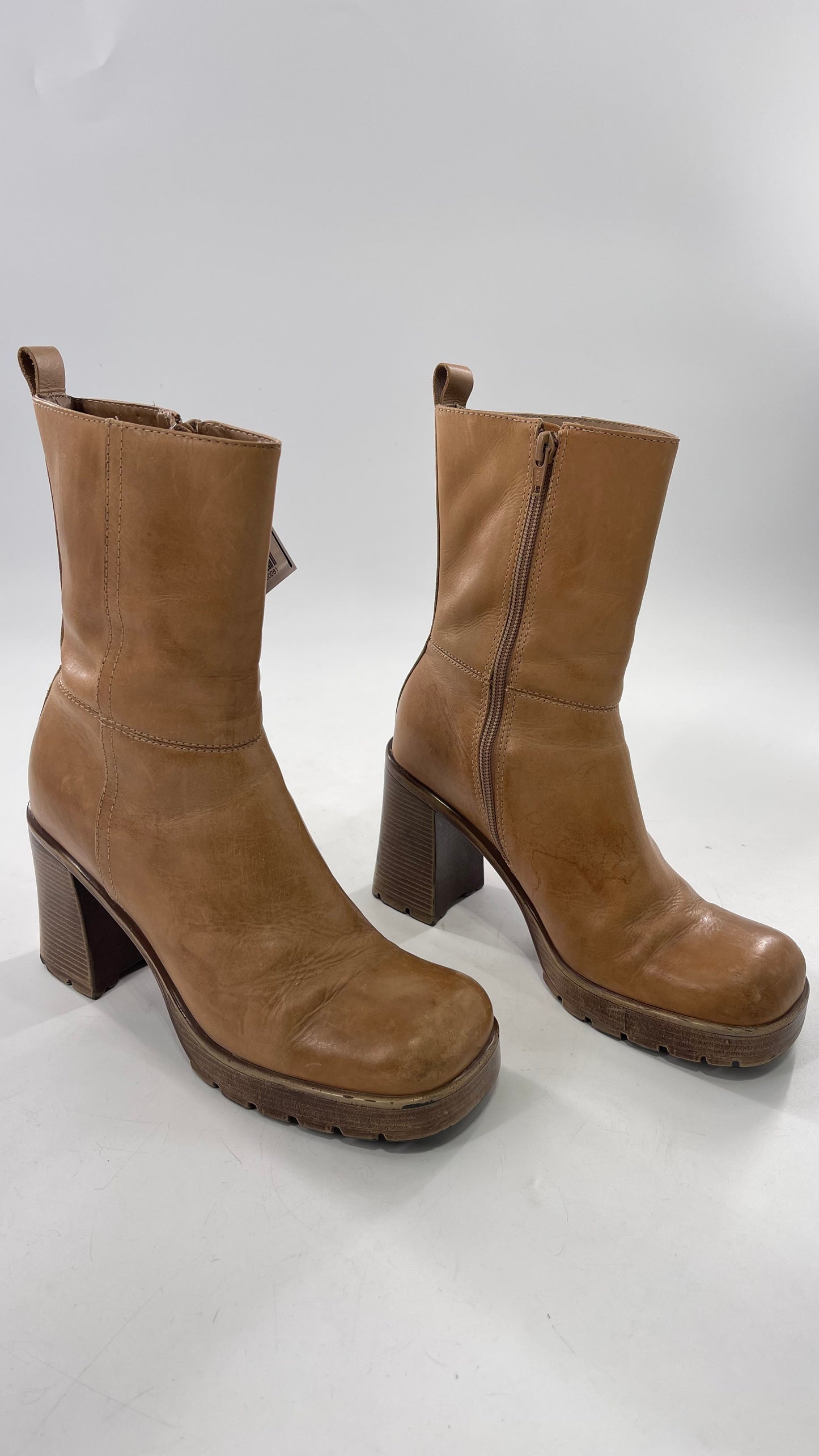 Vintage 90s Steve Madden Tan Leather Funky Square Toe Boot with Platform and Chunky Heel