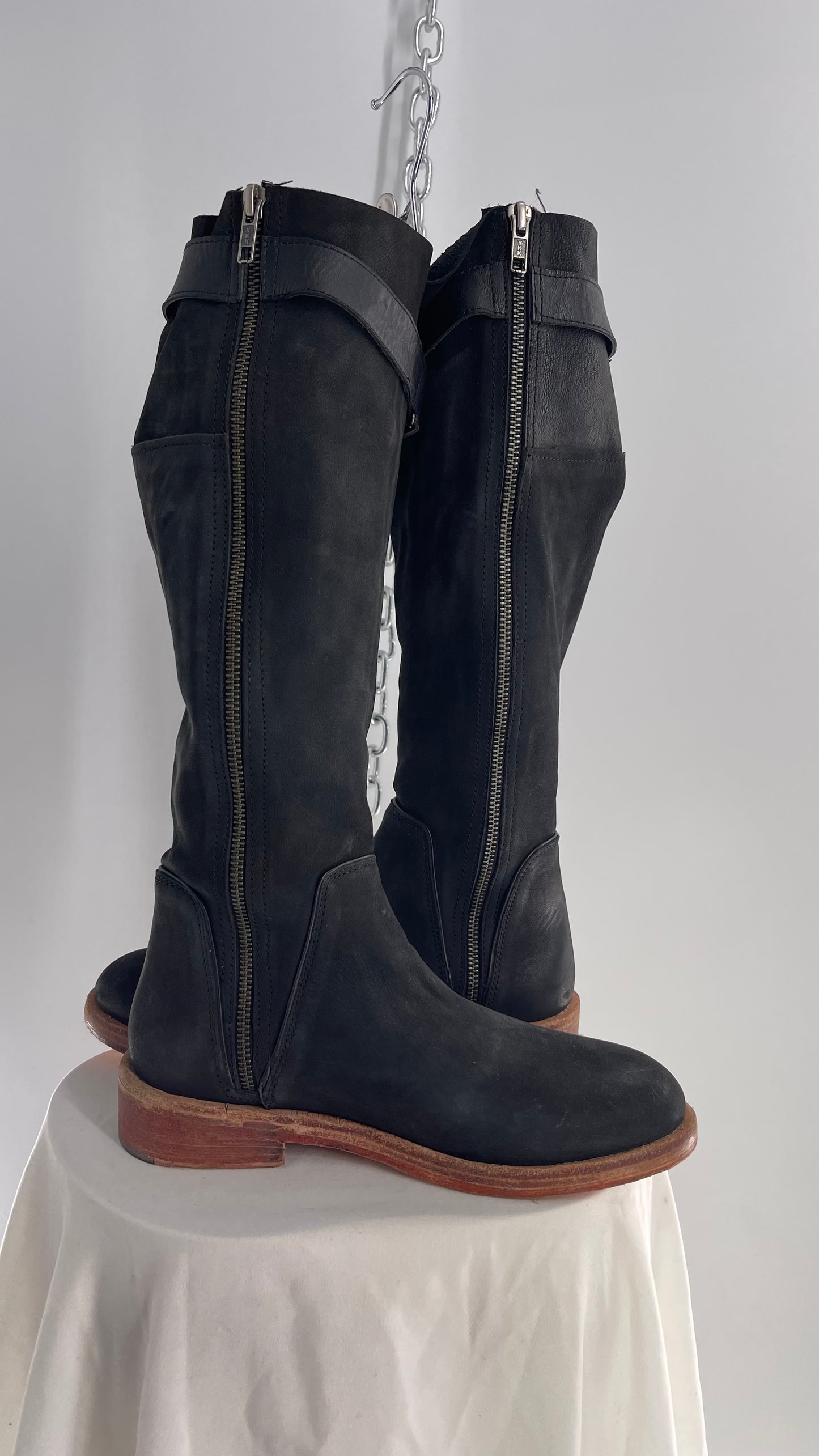 Free People Sayre Banks Slouchy Black Suede Leather Knee High Tassel Side Buckle Boot (38)