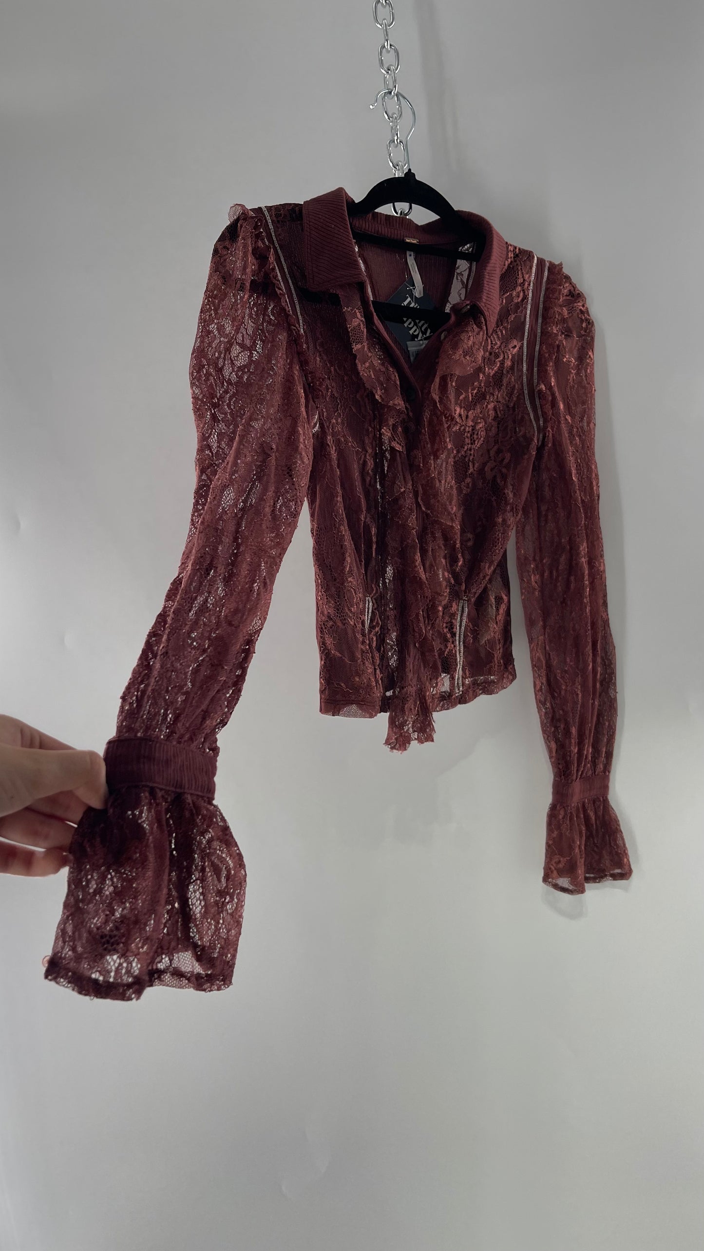 Free People Burgundy Lace Button Front Blouse with Balloon Sleeves and Ruffle Front Detail (Small)
