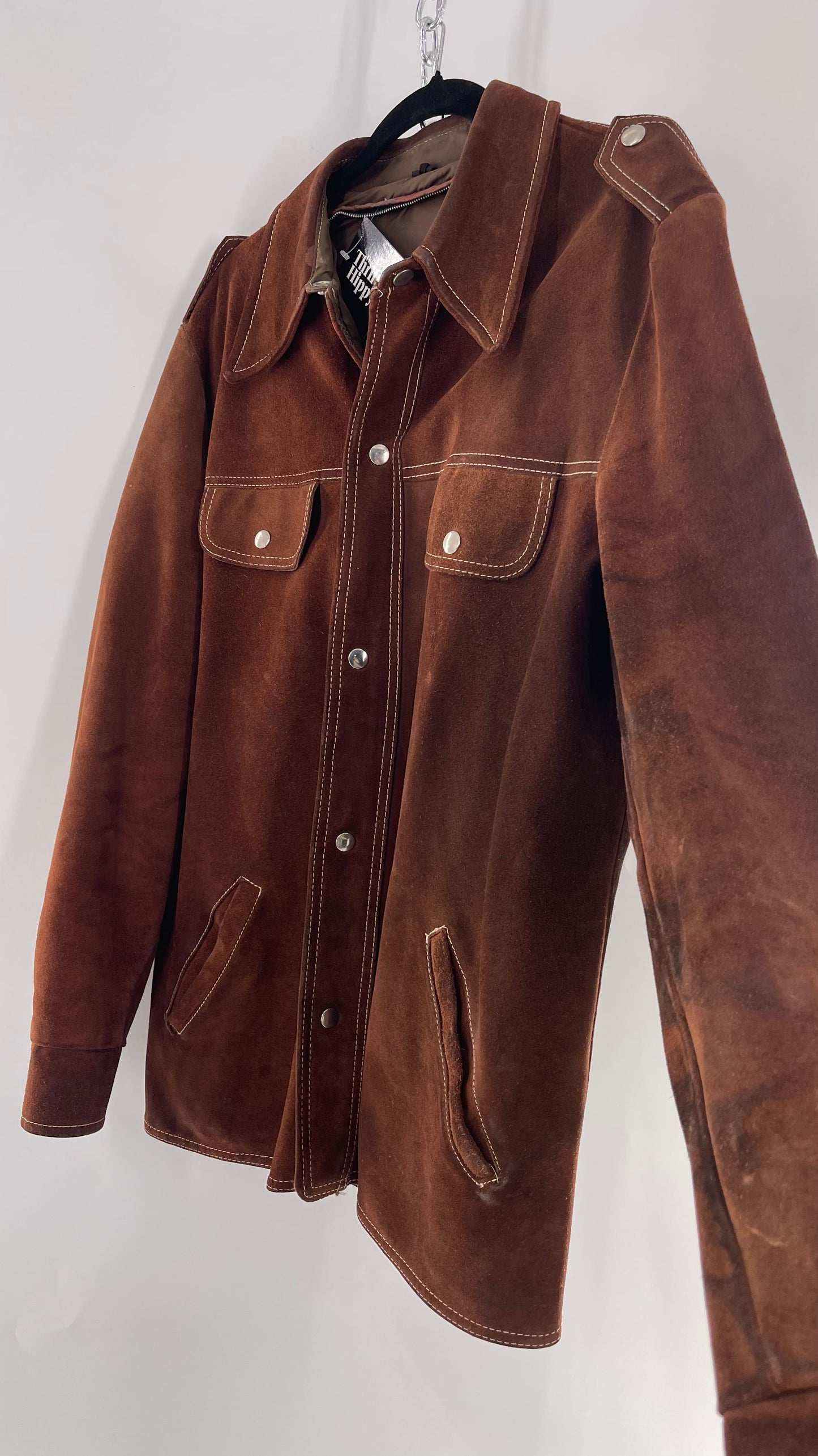 Vintage Brown Suede Jacket with Contrast White Stitching (C)(Large)