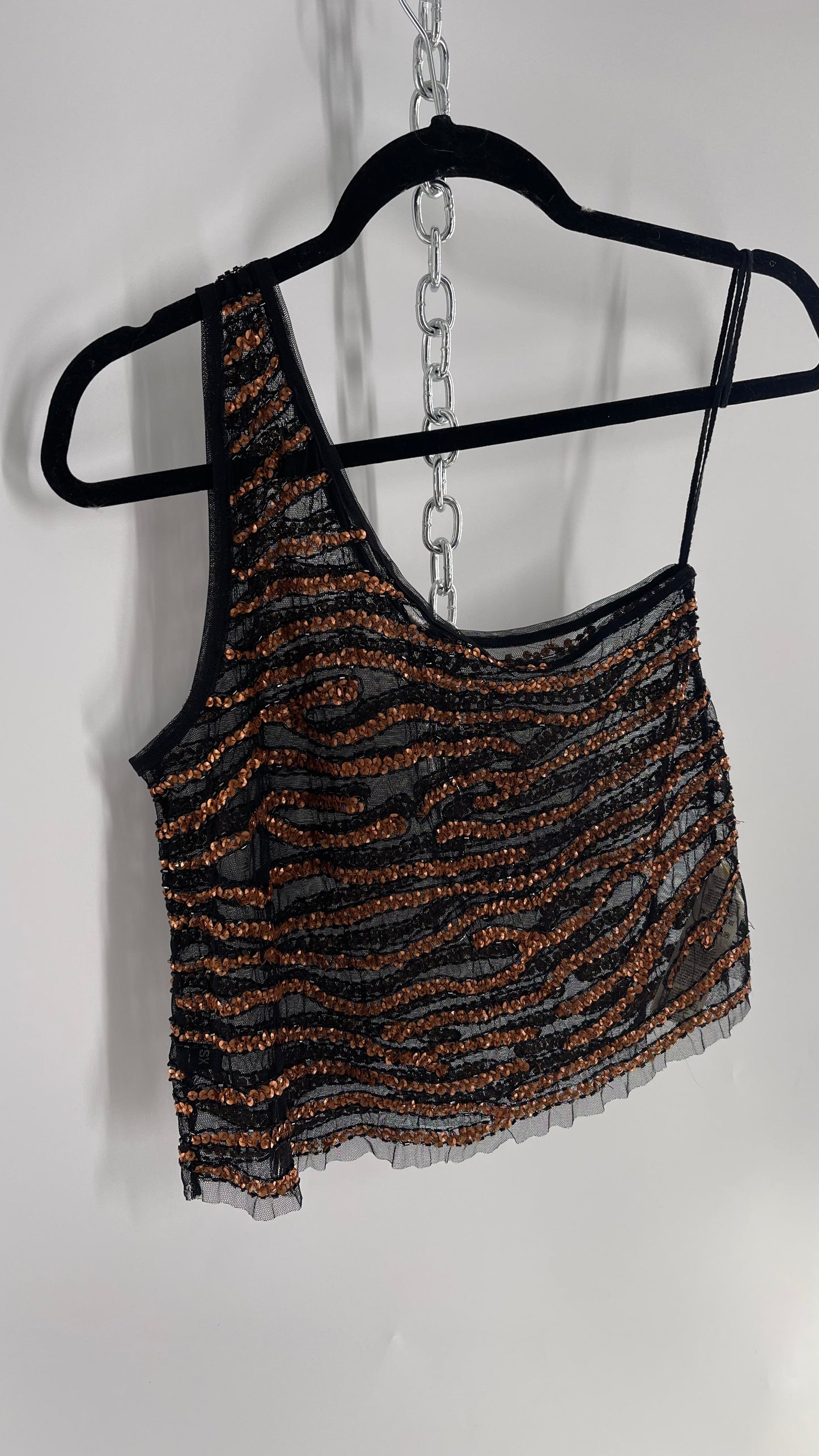 Free People Black Mesh One Shoulder Blouse with Copper Zebra Patterned Sequins (XS)
