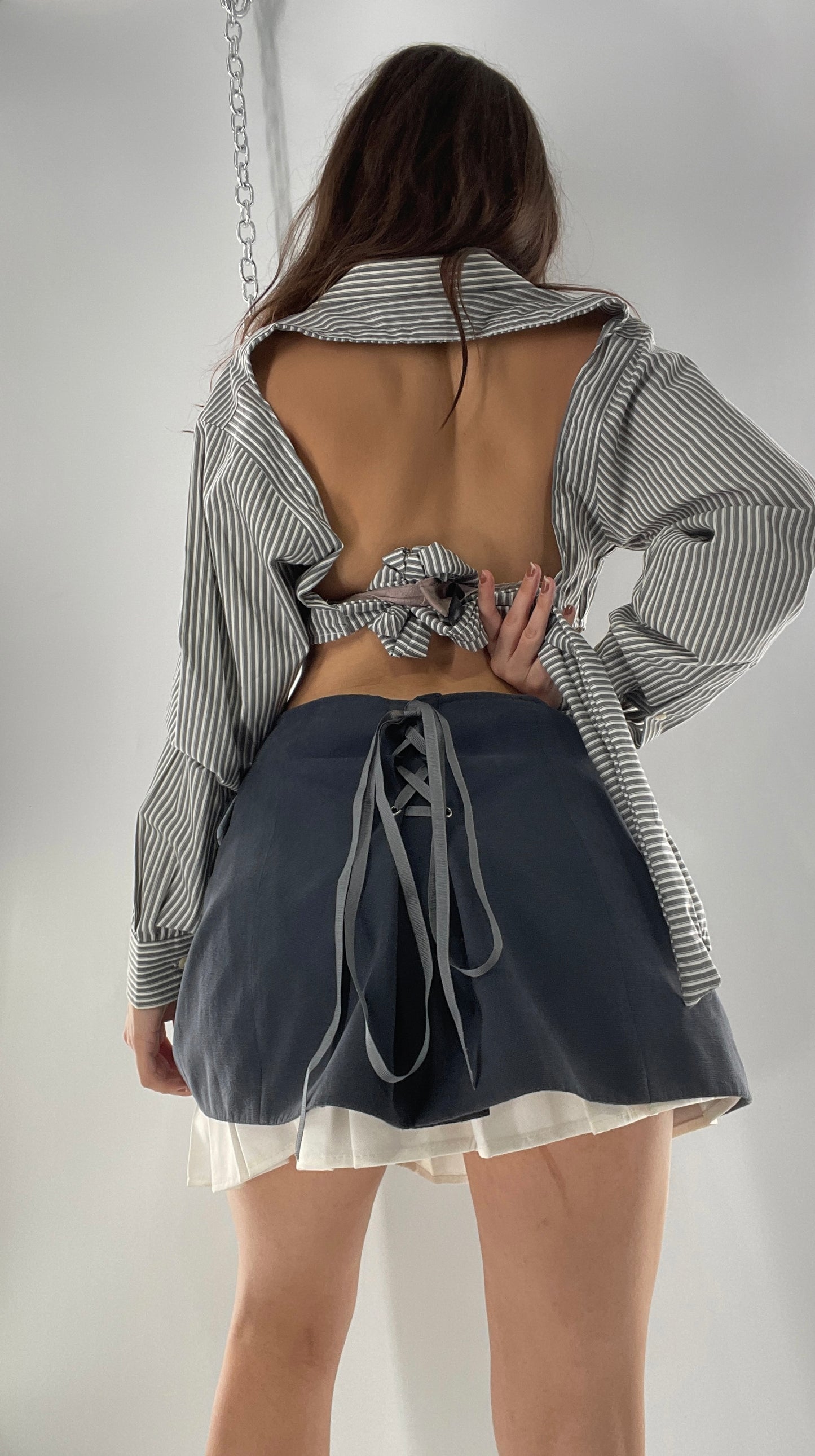 Vintage Reworked Button Front Backless Grey Blue Striped Blouse (One Size)