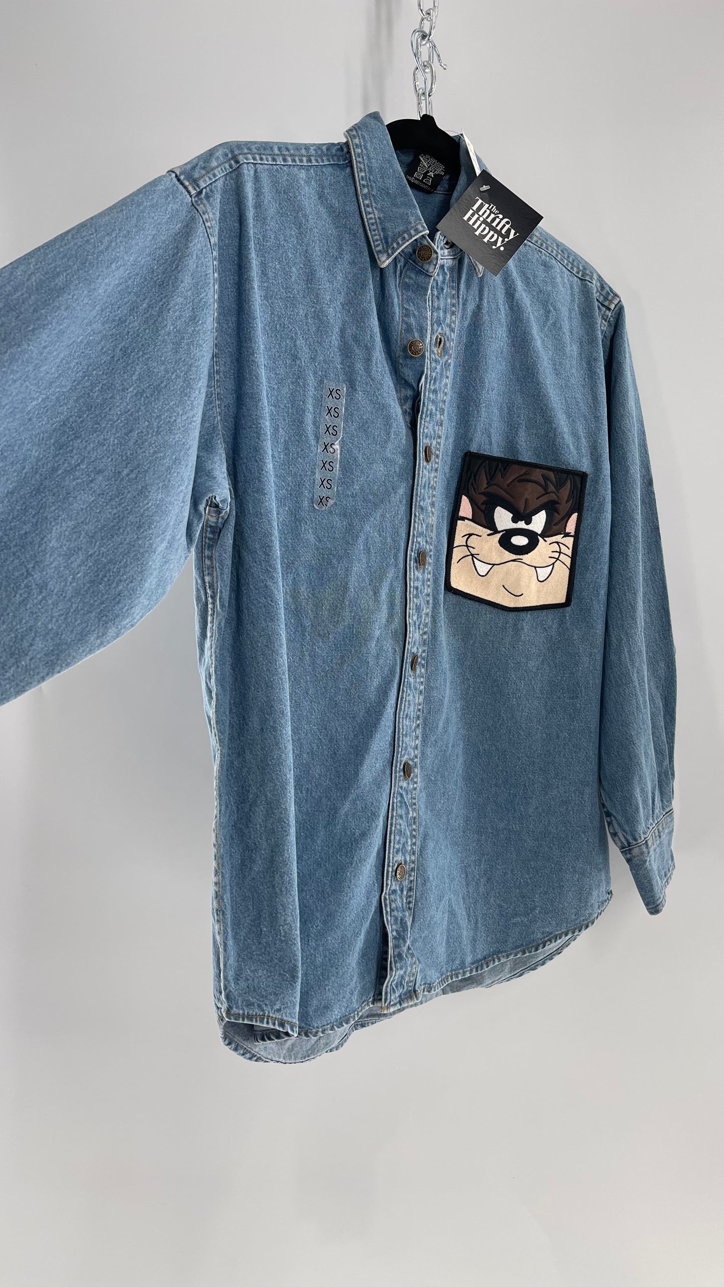 Deadstock Vintage Warner Bros Looney Tunes Denim Longsleeve with Embroidered Taz Pocket (XS/S)