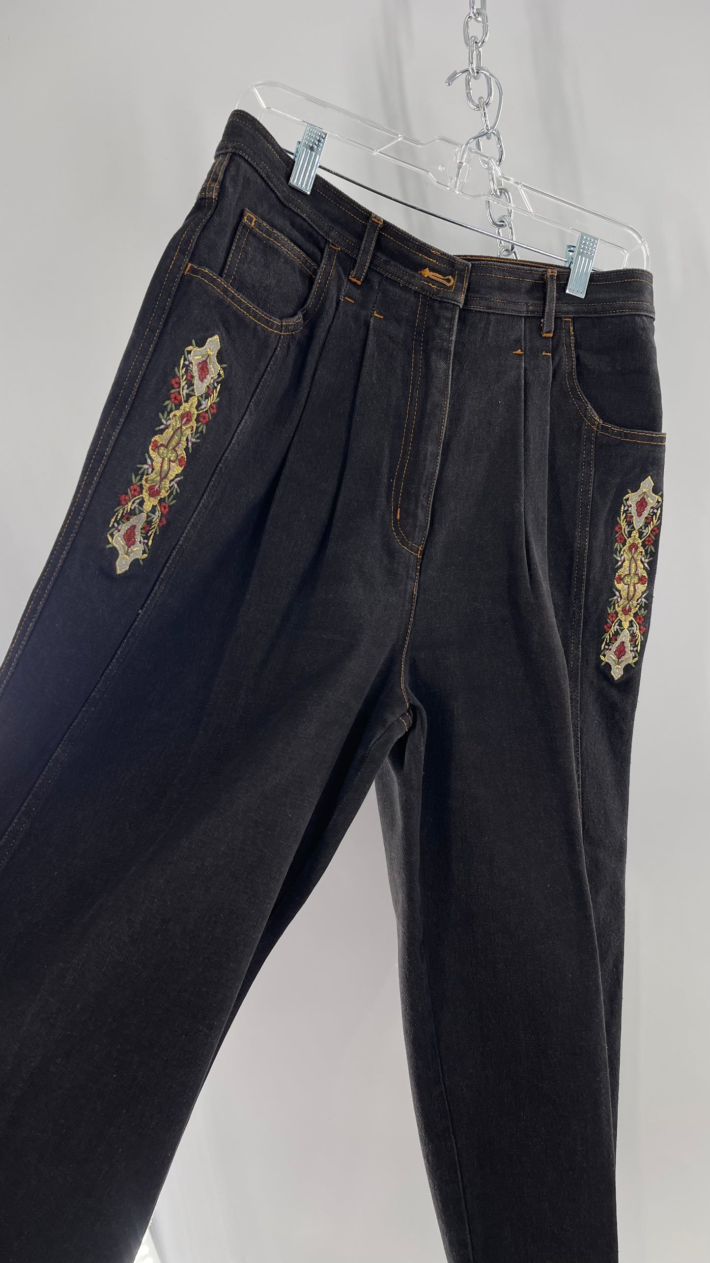 Vintage TOGETHER Basics Dark Gray 80s/90s Tapered, Pleated Waist Old School Embroidered Jeans (14)