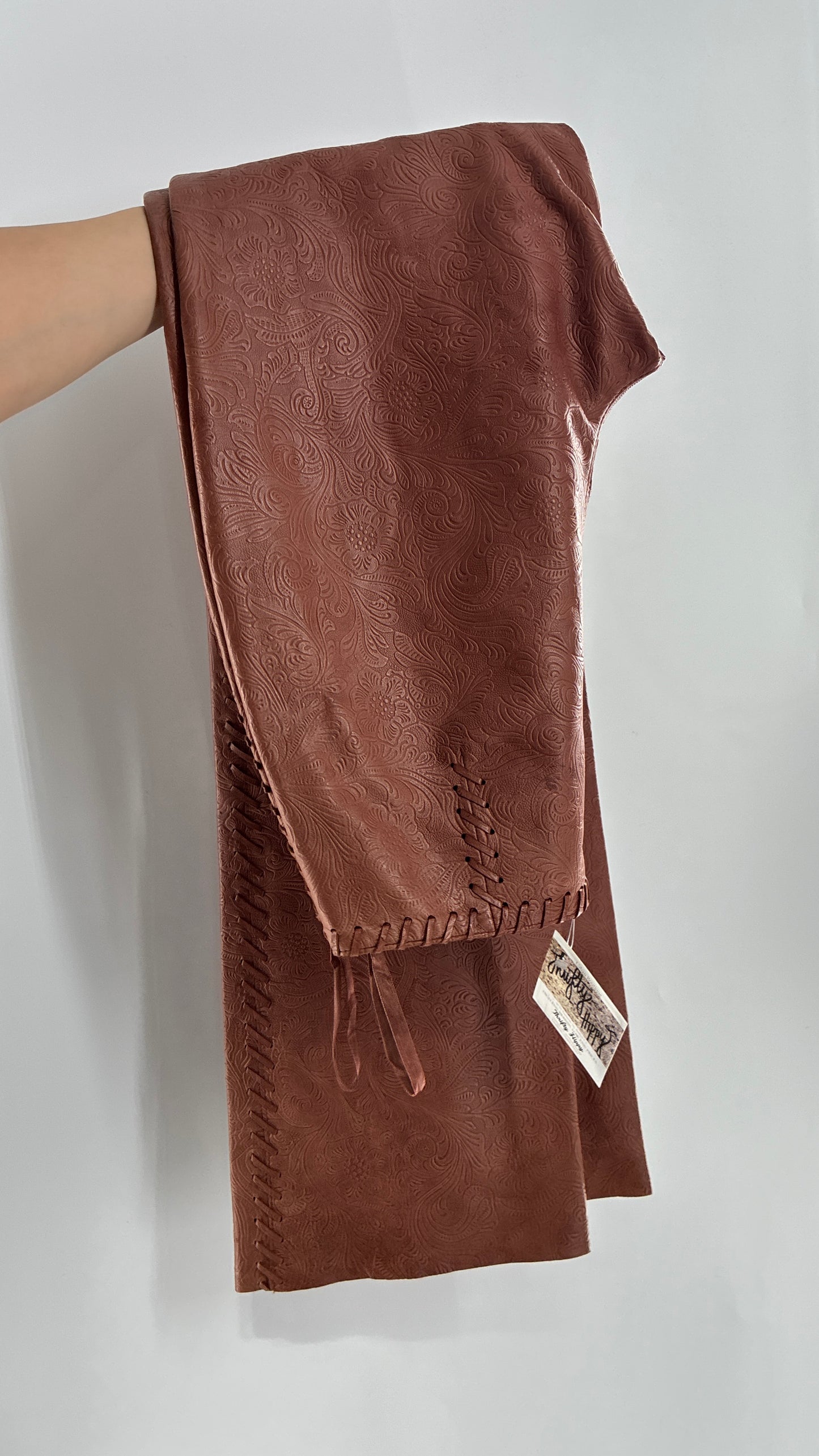 Vintage Embossed Paisley Patterned Genuine Leather Pants with Stitching Details (No Label Unbranded, S)