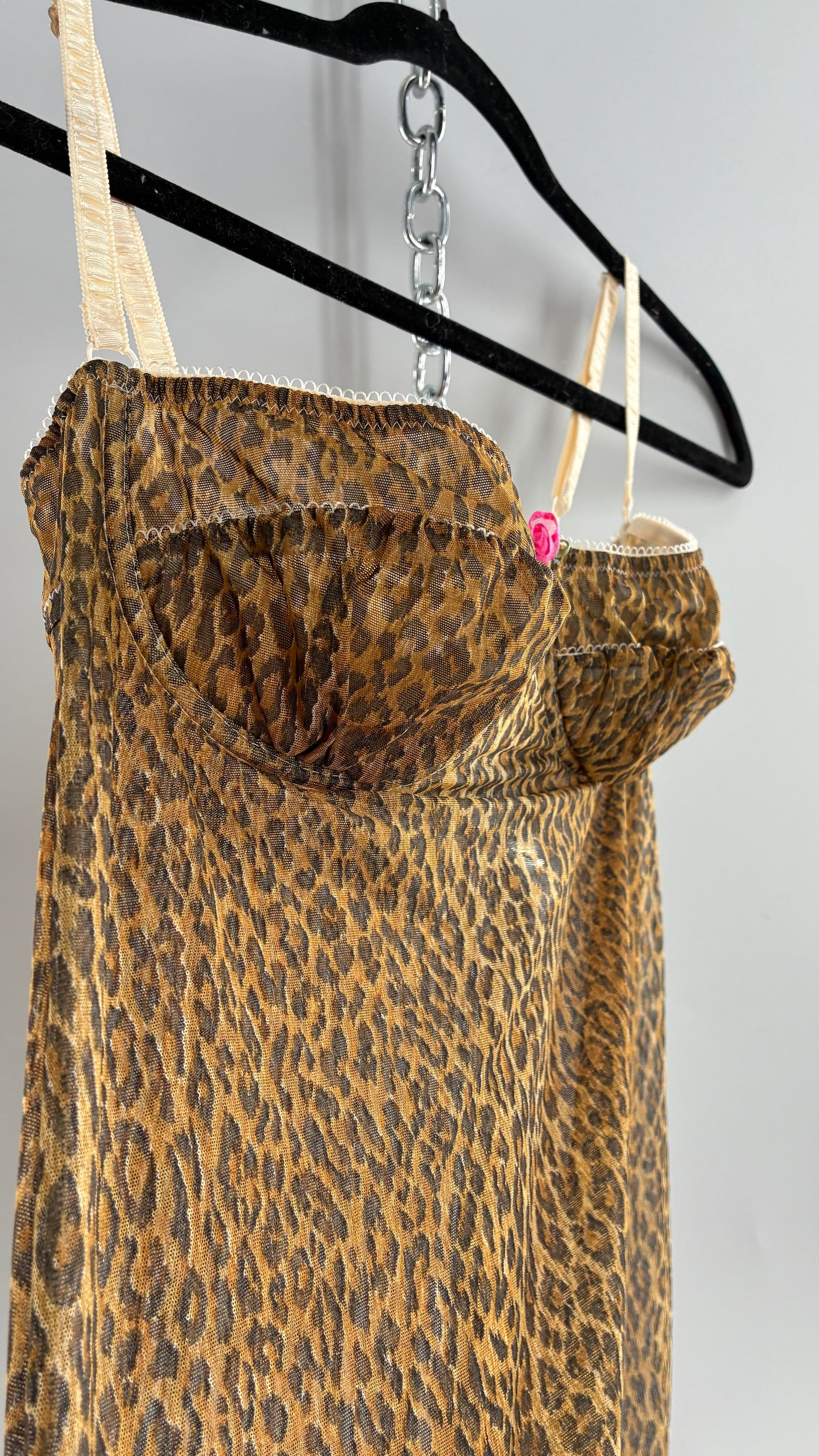 Vintage 1990s Dolce & Gabanna Cheetah Mesh Babydoll Camisole with Underwire Ruched Bust, Rosette and Branded Appliqué Tag (Large)