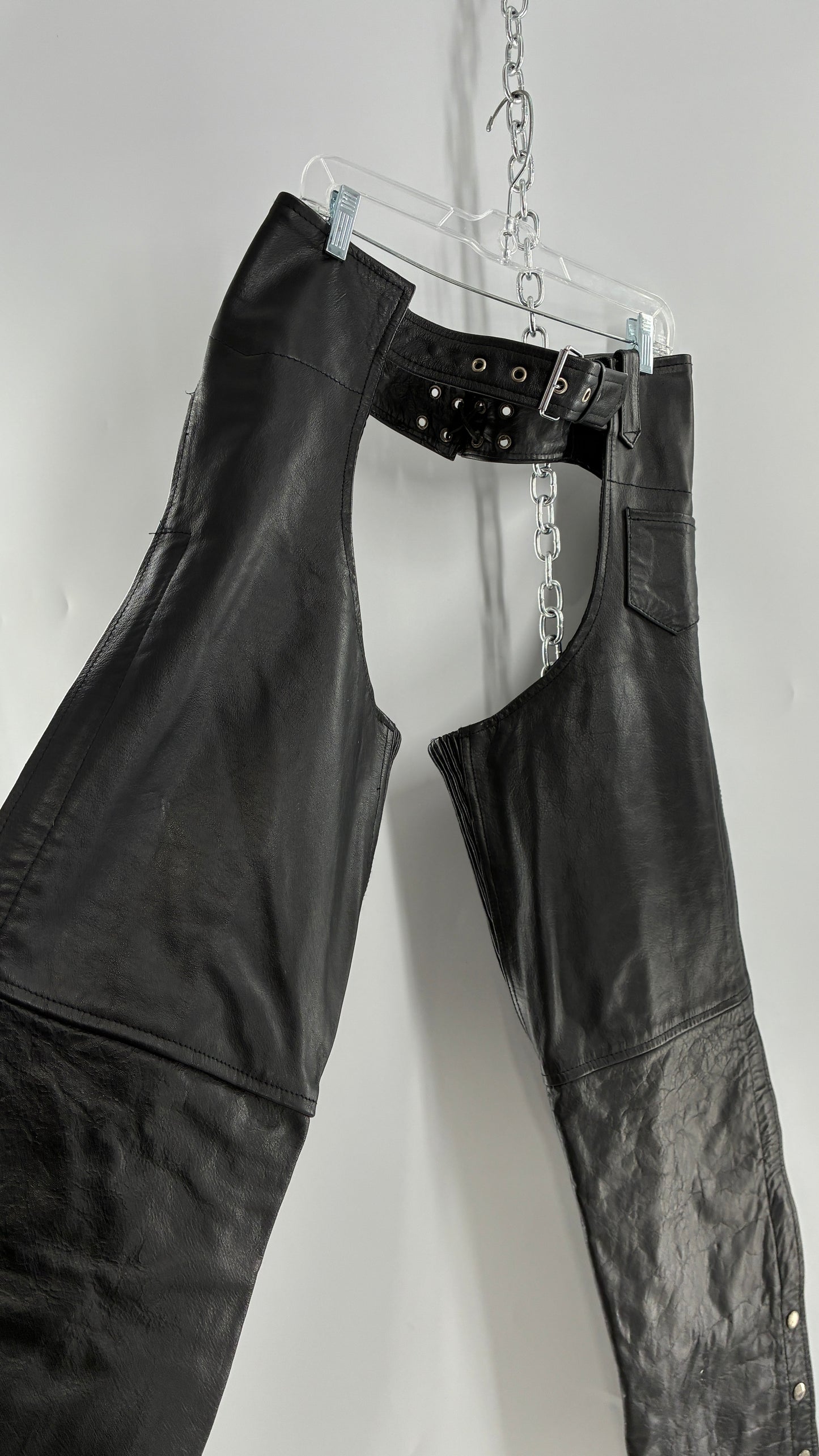 Vintage Xelement Black Genuine Leather Motorcycle Chaps with Side Zipper and Button Closure (34)