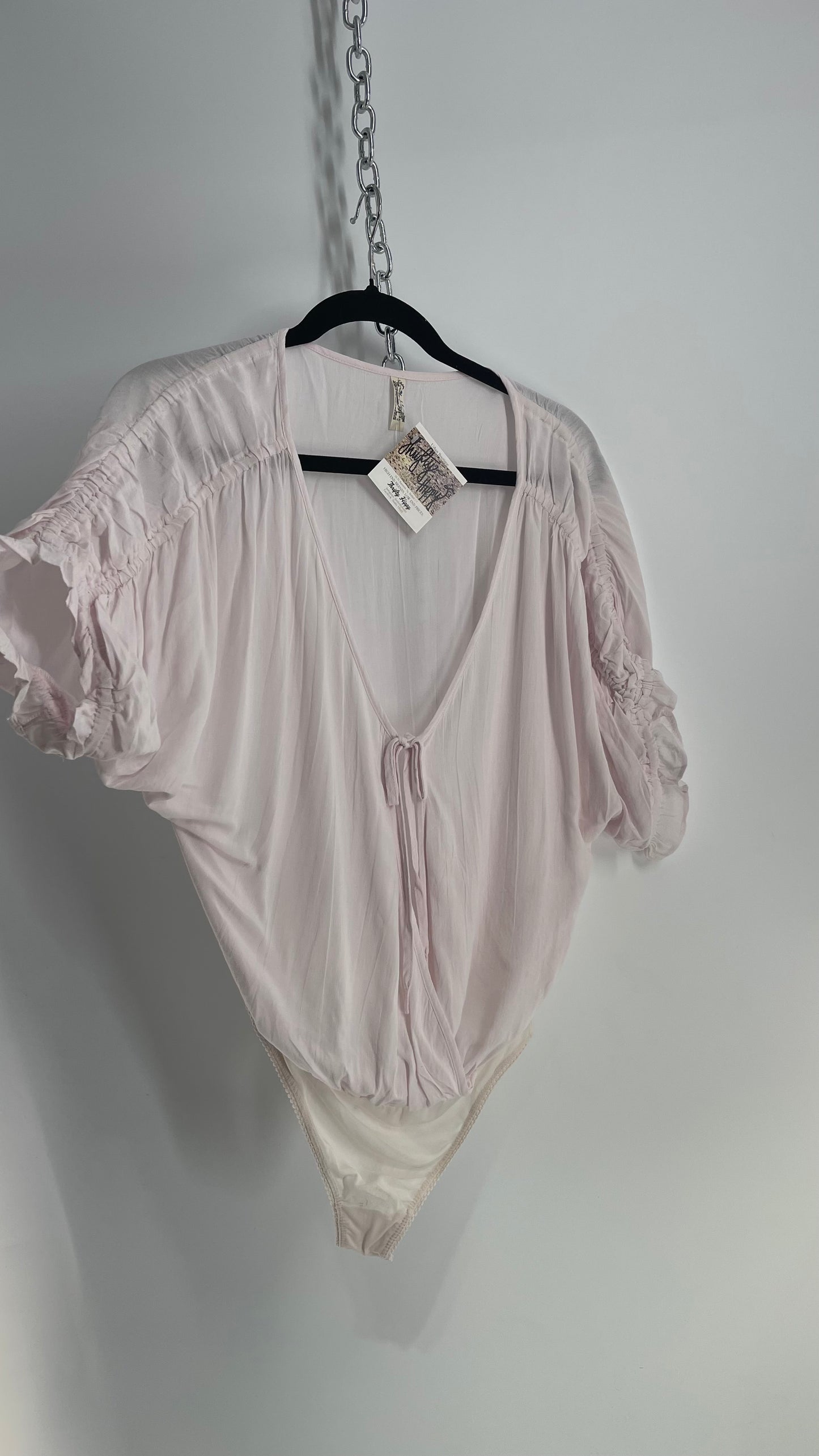 Intimately Free People Light Pink Bodysuit with Ruched Sleeve Detail (Small)