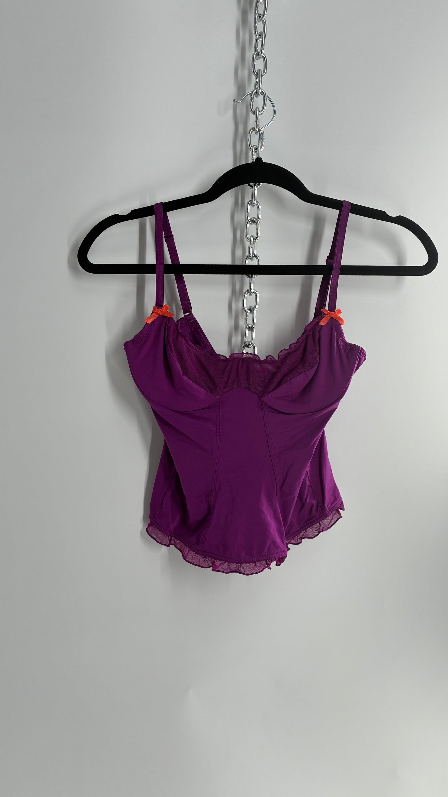 Vintage 1990s Purple Underwire Camisole Top with Sheer Ruffled Trim and Contrast Bow (Small)