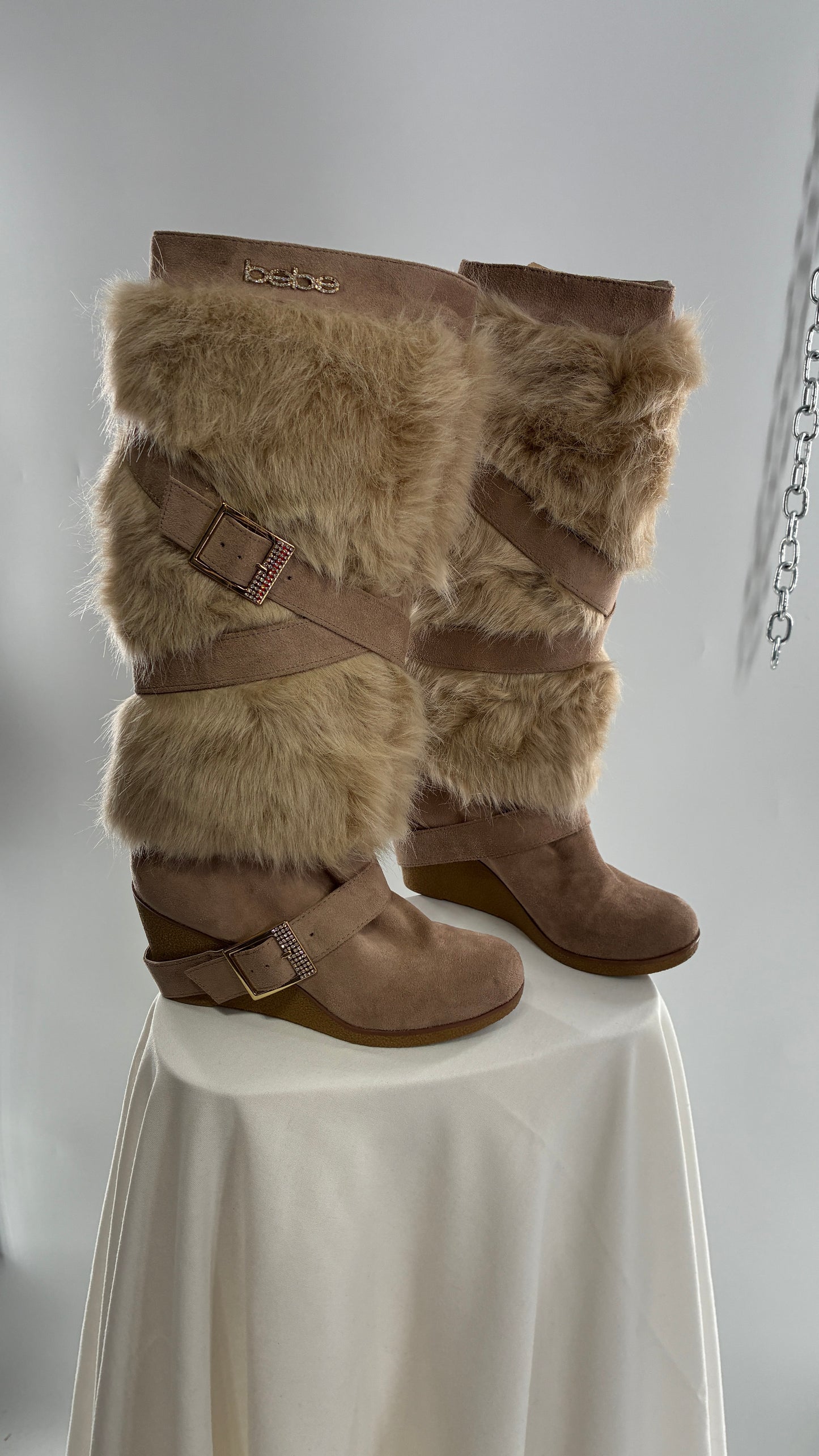 Vintage BEBE Wedge Heel Knee High Vegan Fur, Strappy Boots (6)