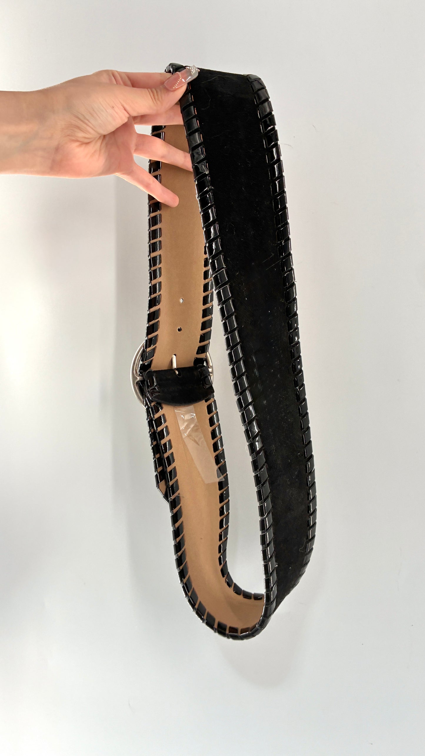 Vintage BUCKLE Black Genuine Suede Leather Wide Hip Belt with Oversized Silver Circle Buckle (XL)