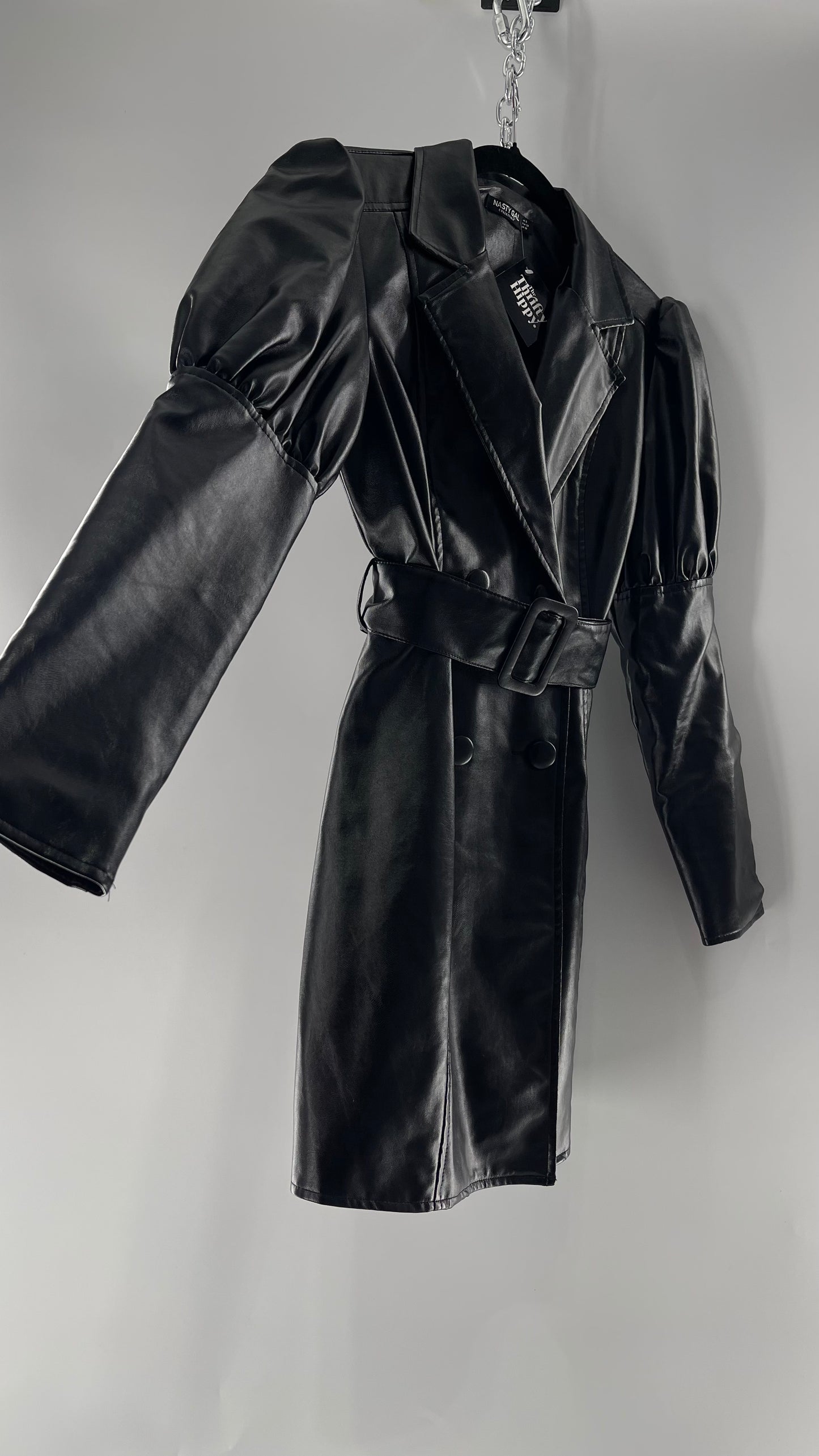 NASTYGAL Black Patent Pleather Puff Shoulder Belted Trench Coat (C)(6)