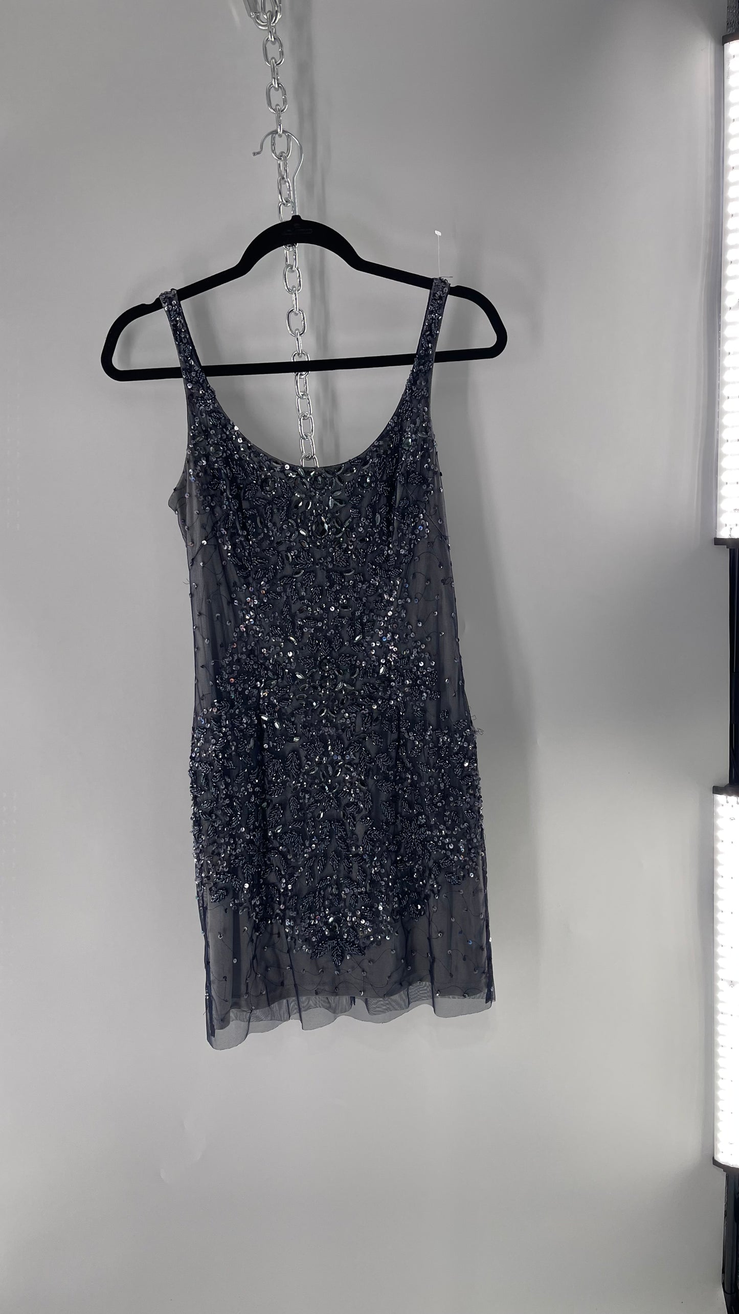Vintage Cache Moonlight Grey/Navy Blue Tunic Mini Dress with Accentuating Placement of Beads, Sequins and Embroidery Details (2)