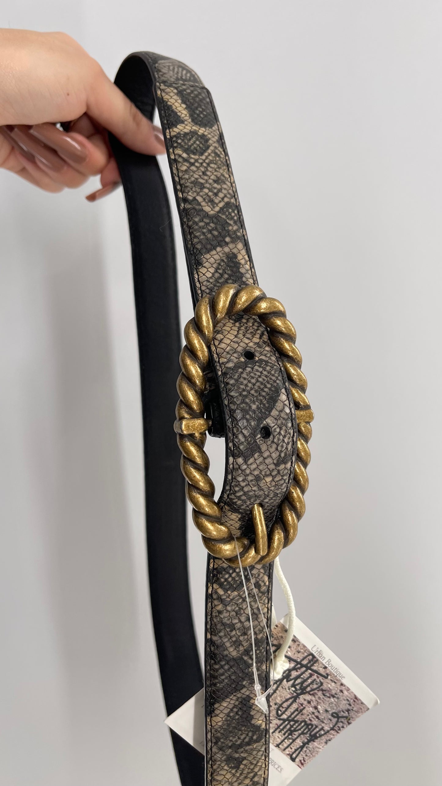 Free People Snake Patterned Belt with Gold Braided Oval Buckle (S/M)