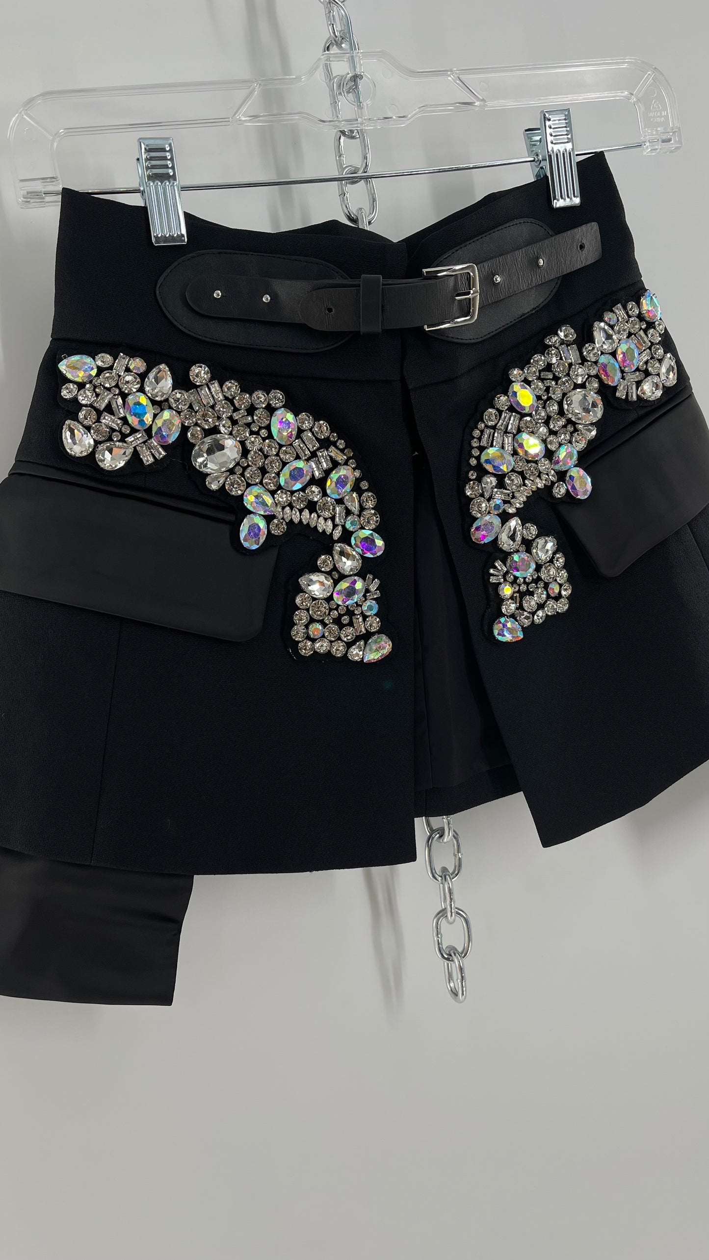 Black Skirt Belt Covered in Crystal Embellishments with Satin Flap Pockets (Medium)