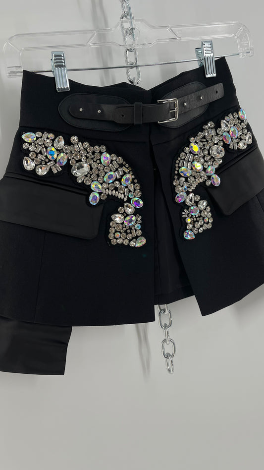Black Skirt Belt Covered in Crystal Embellishments with Satin Flap Pockets (Medium)