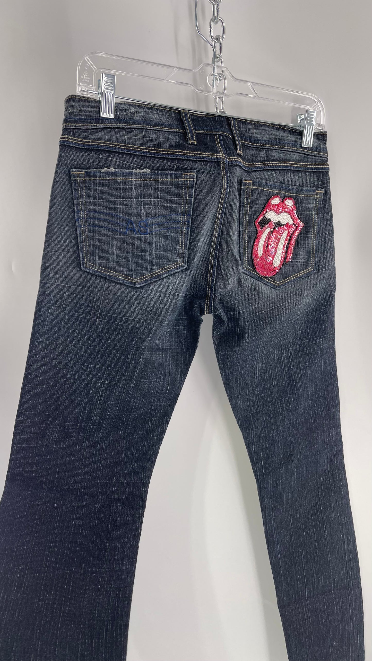 Vintage Smart AS JEANS Dark Wash with Grain and Embroidered/Embellished Kiss Rock Logo (28)