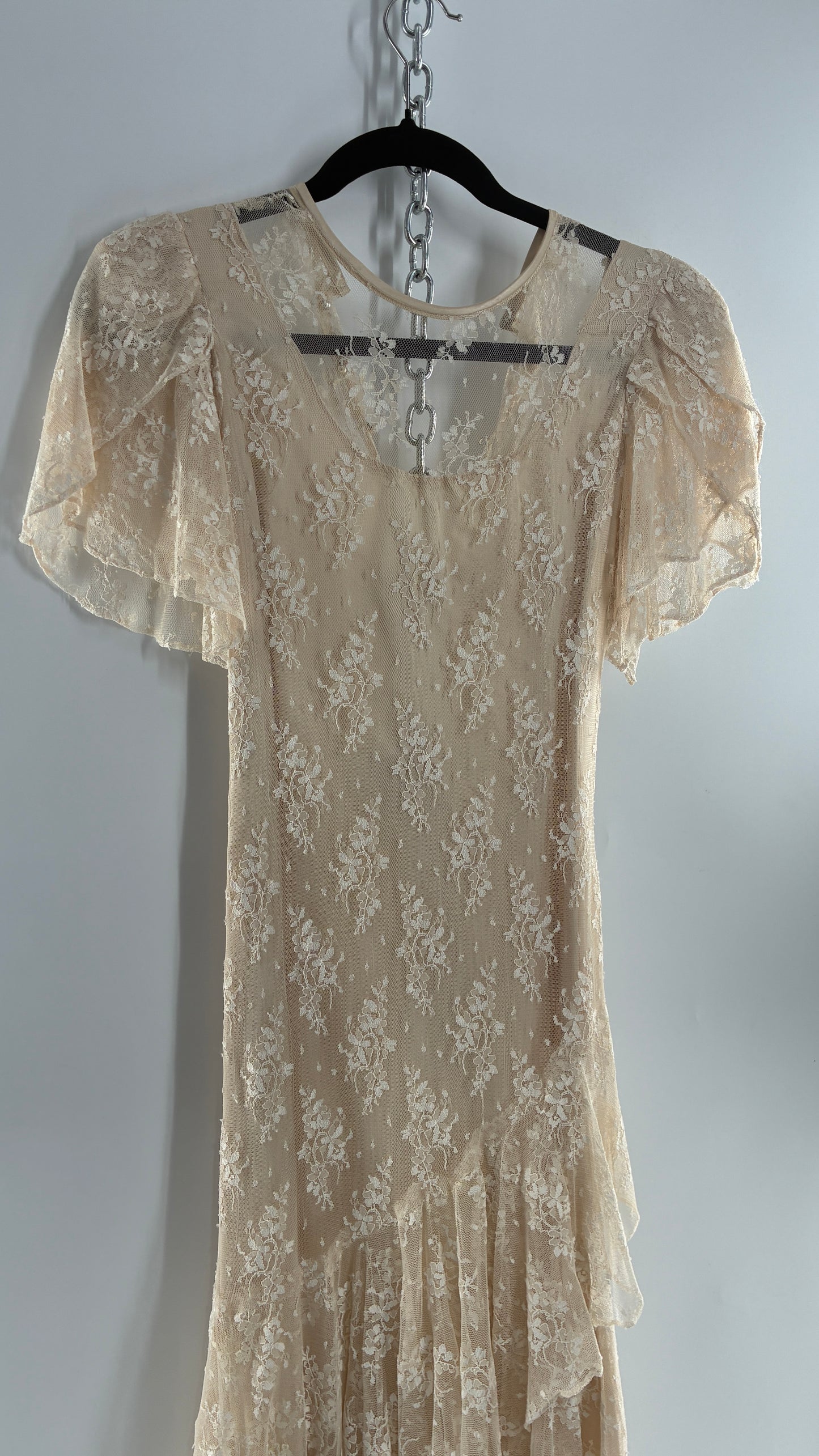 Vintage Ivory Lace Gown with Petal Sleeves, Tiered Hemline (5/6)