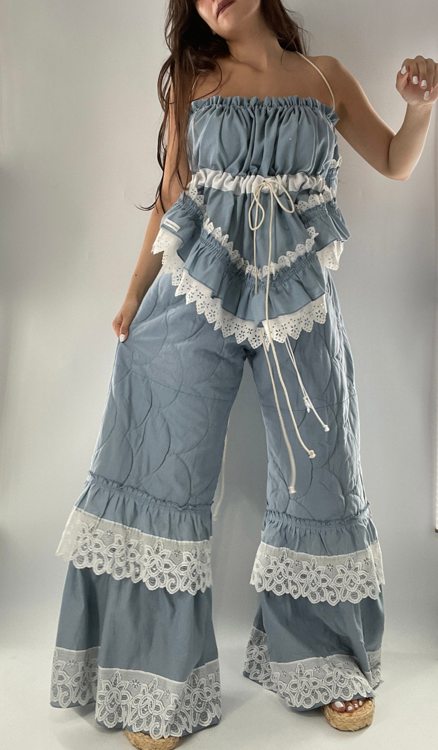 Vintage 2 Piece Powder Blue Set Featuring 2Way Blouse and Quilted Trousers Covered in Ruffles, Lace and Trim (One Size)