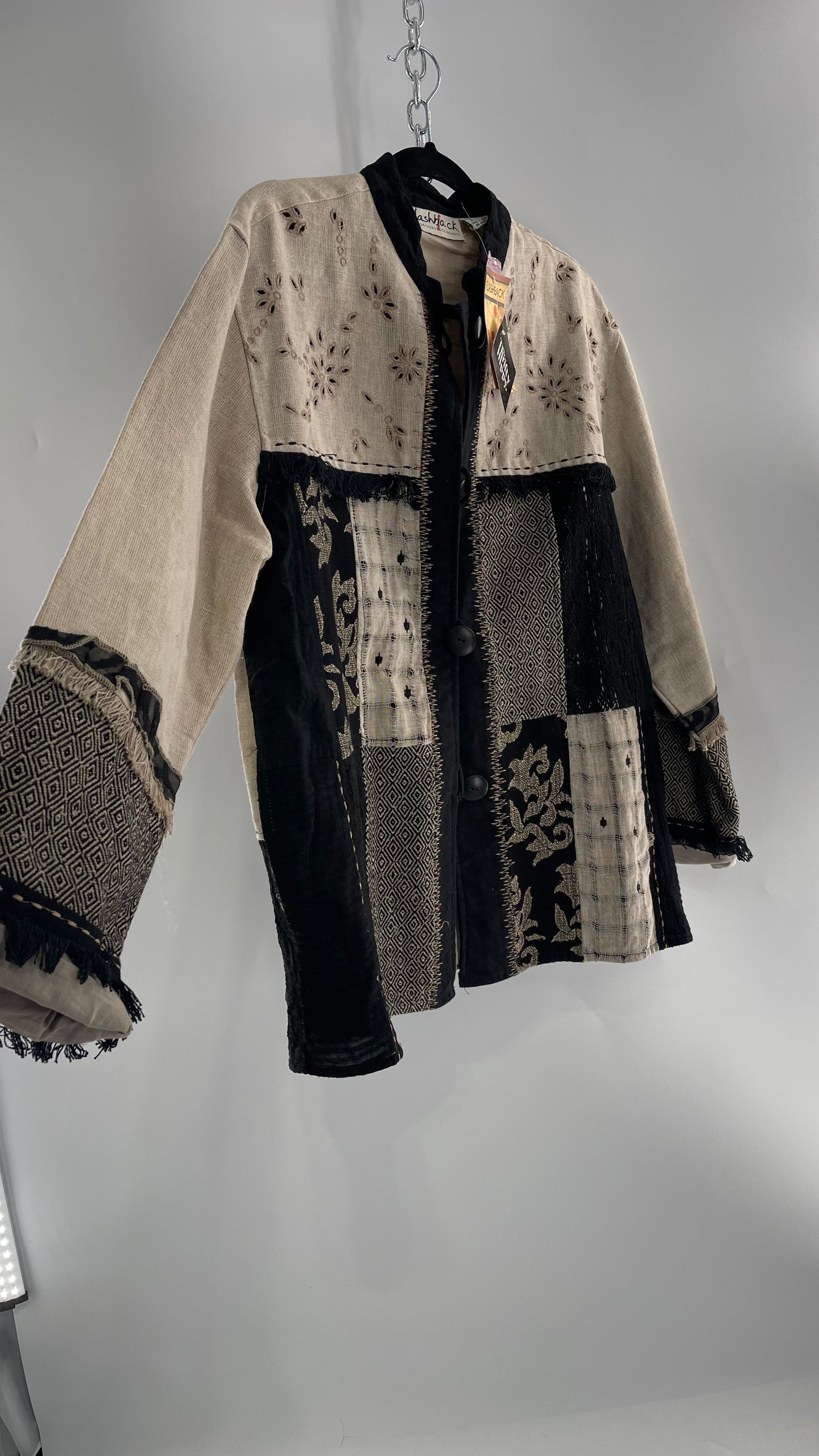 Deadstock Vintage Flashback Patchwork Coat with Mixed Neutral Fabrics, Embroidery and Fringe Details (Large)