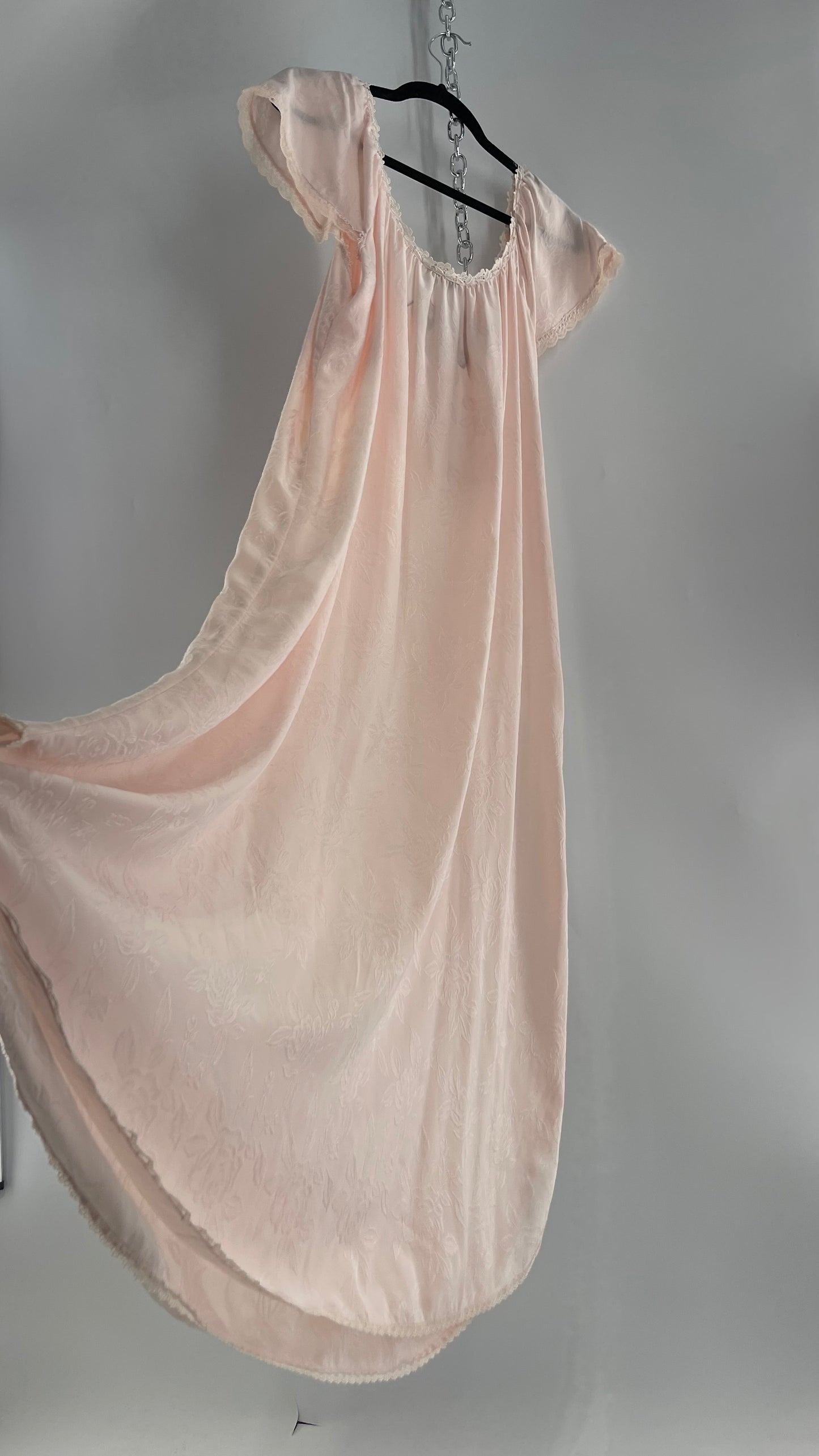 Vintage Christian Dior Pink Night Gown/ Maxi Dress with Floral Embossed Design, Lace Trim and Rosettes (Large)