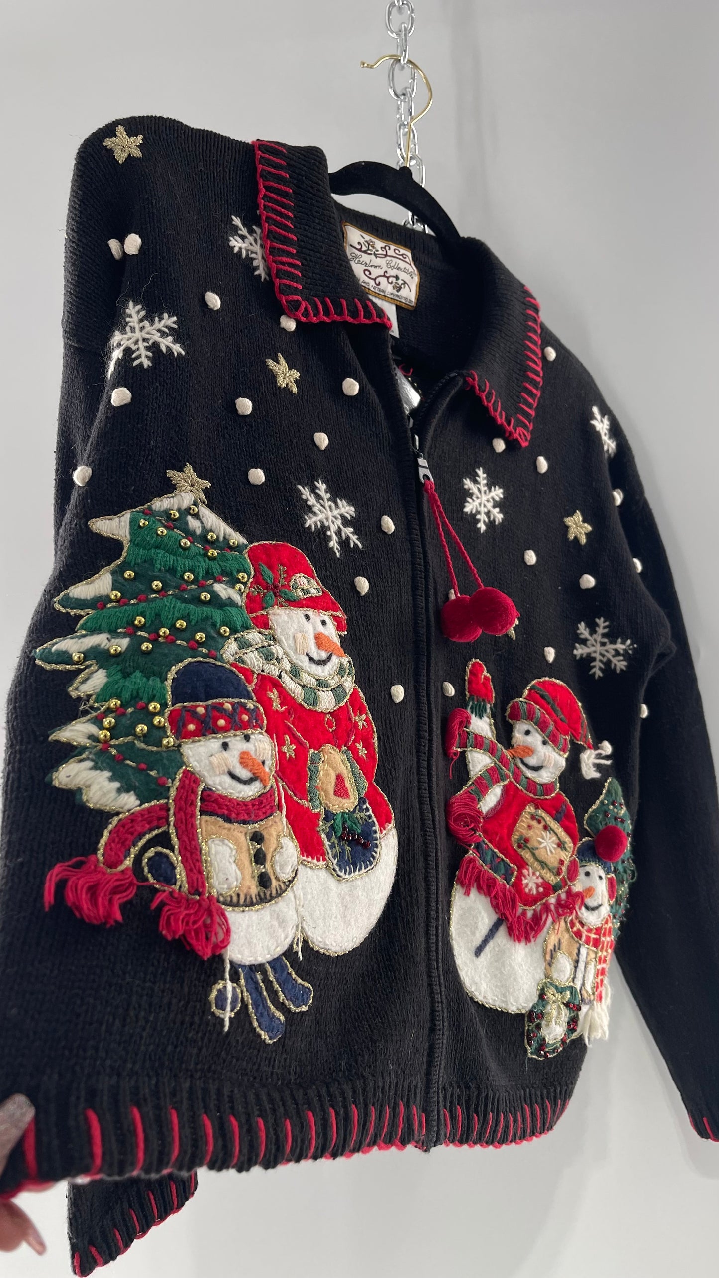 Vintage Reworked Urban Outfitters Heirloom Christmas Cardigan with Festive Snowmen Embroidery, Snowflakes, Christmas Tree and PomPom Zipper Detail (S)