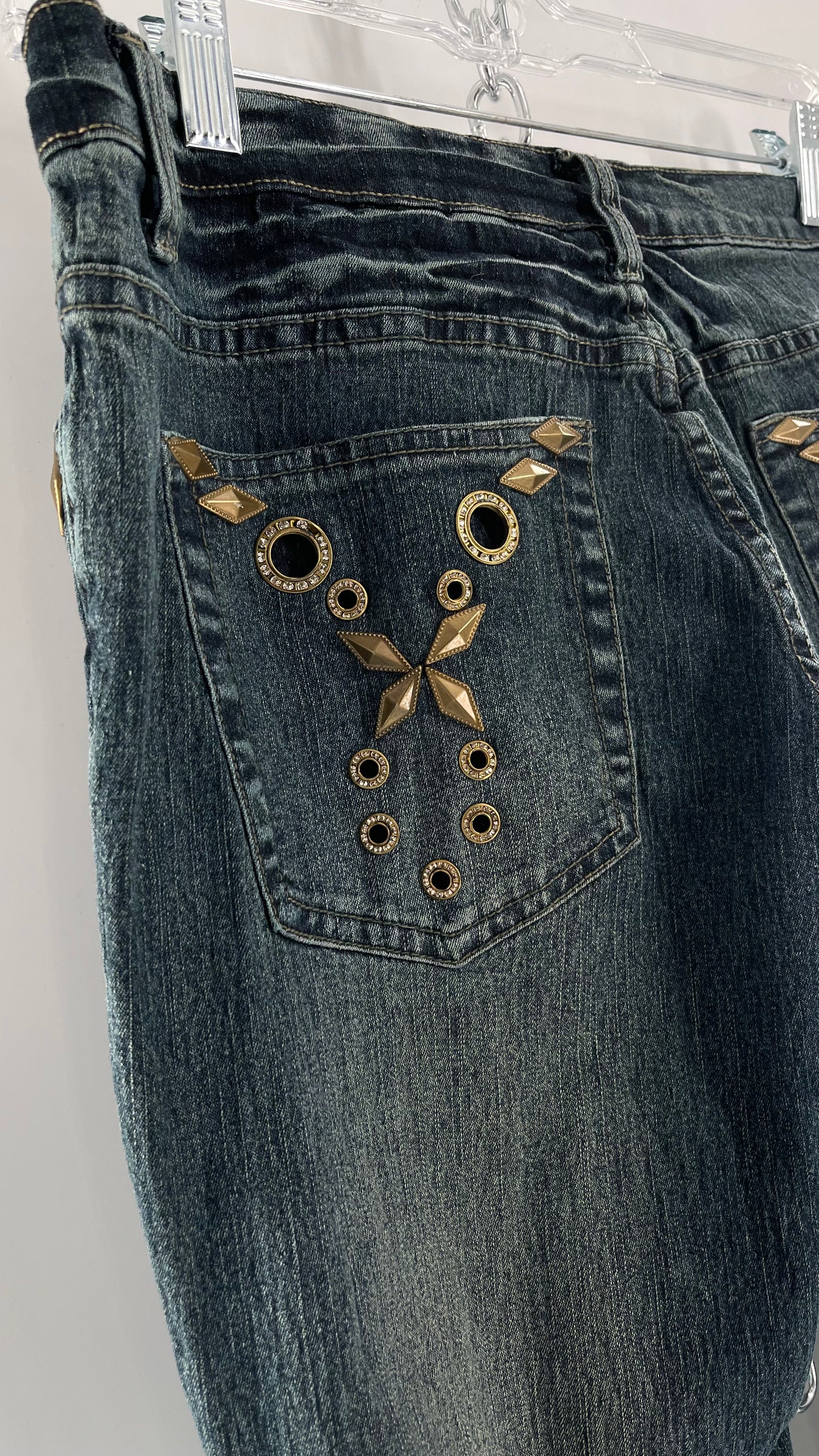 Vintage Blue Pointe Kickflare Medium Wash Jeans with Gold Rhinestone Metal Jewels (13)