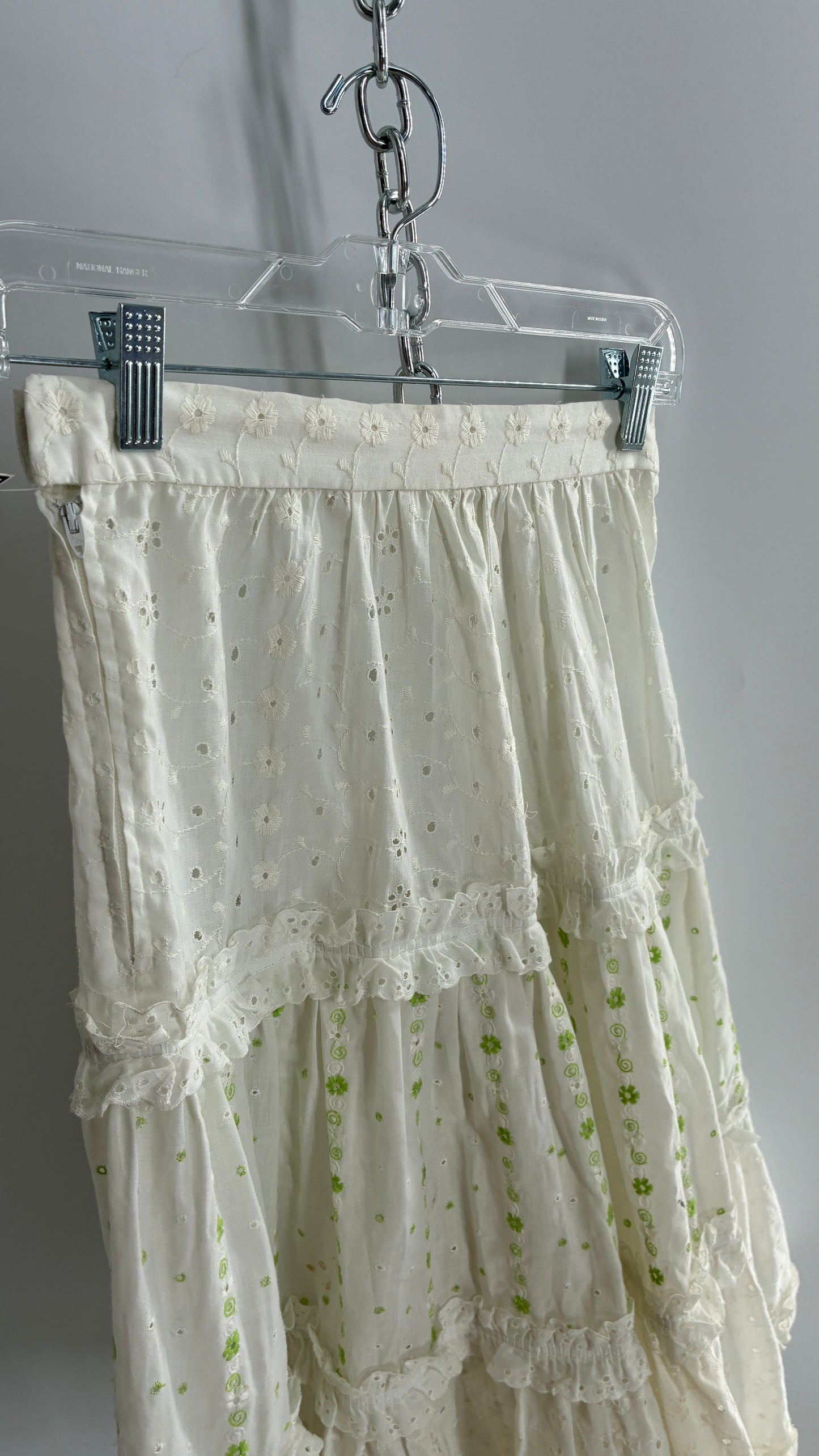 Vintage White Eyelet Lace Tiered Skirt with Ruffled Lace and Green Floral Embroidery (XS)