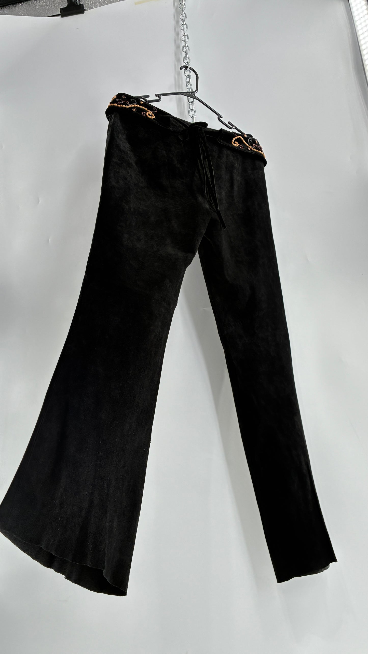 Vintage Margaret Godfrey Black Genuine Suede Leather Kick Flares with Wide Beaded Belt (10)