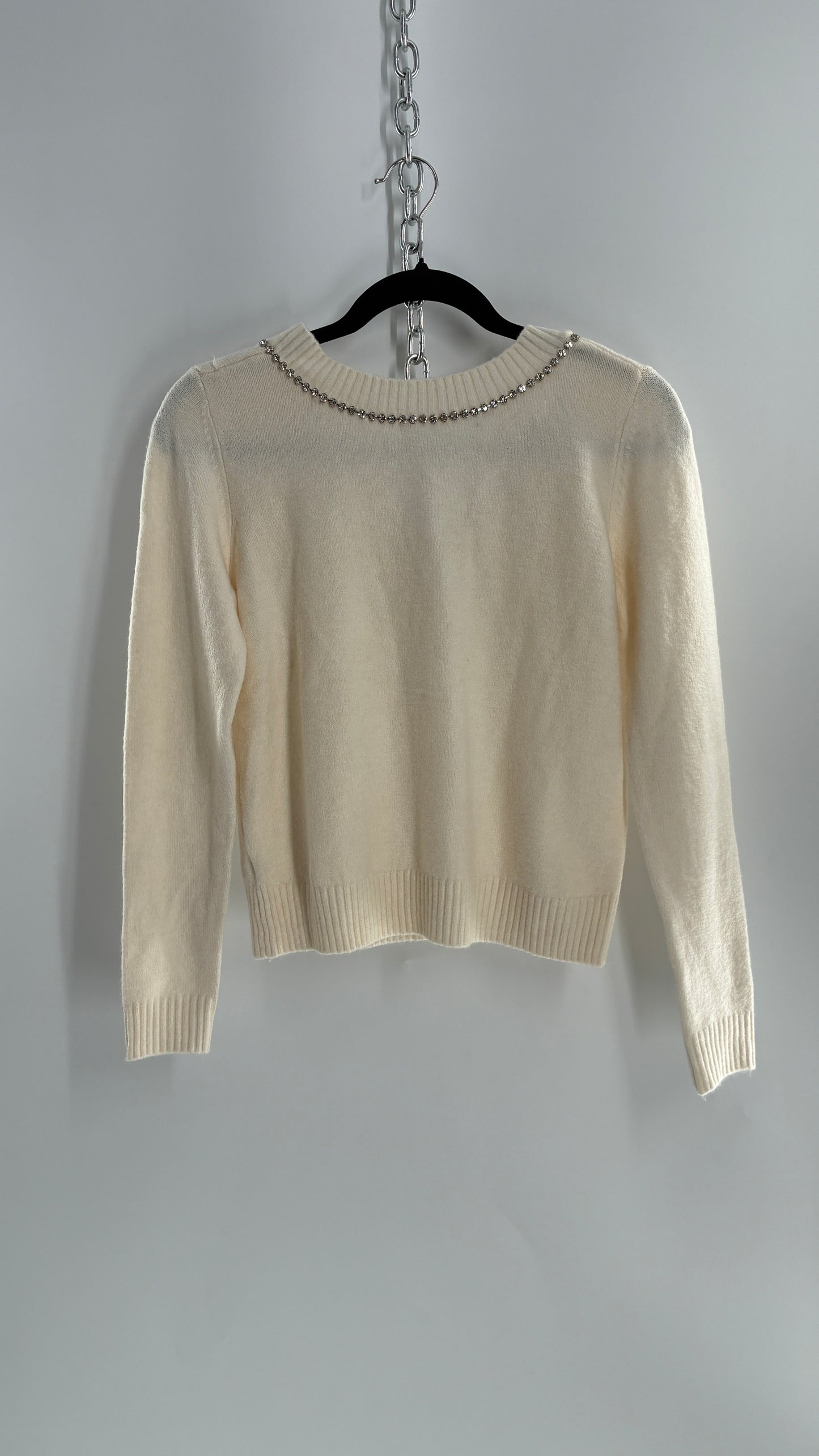 LOFT Cream Reversible Sweater with Rhinestone and Pearl Bow Detail + Tags Attached (XS)