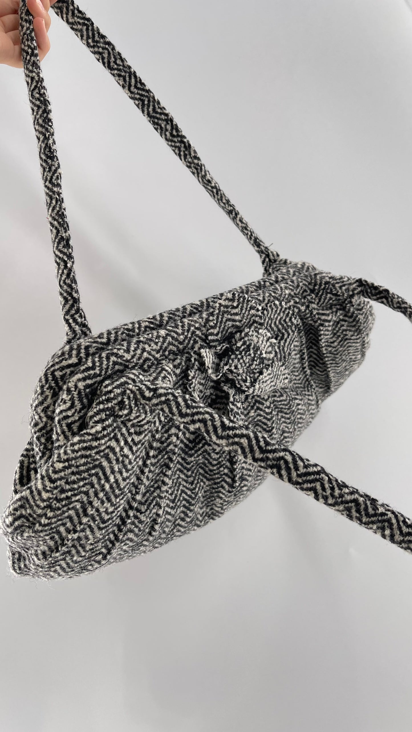 Vintage Wool Knit Black White Purse with Flower Appliqué