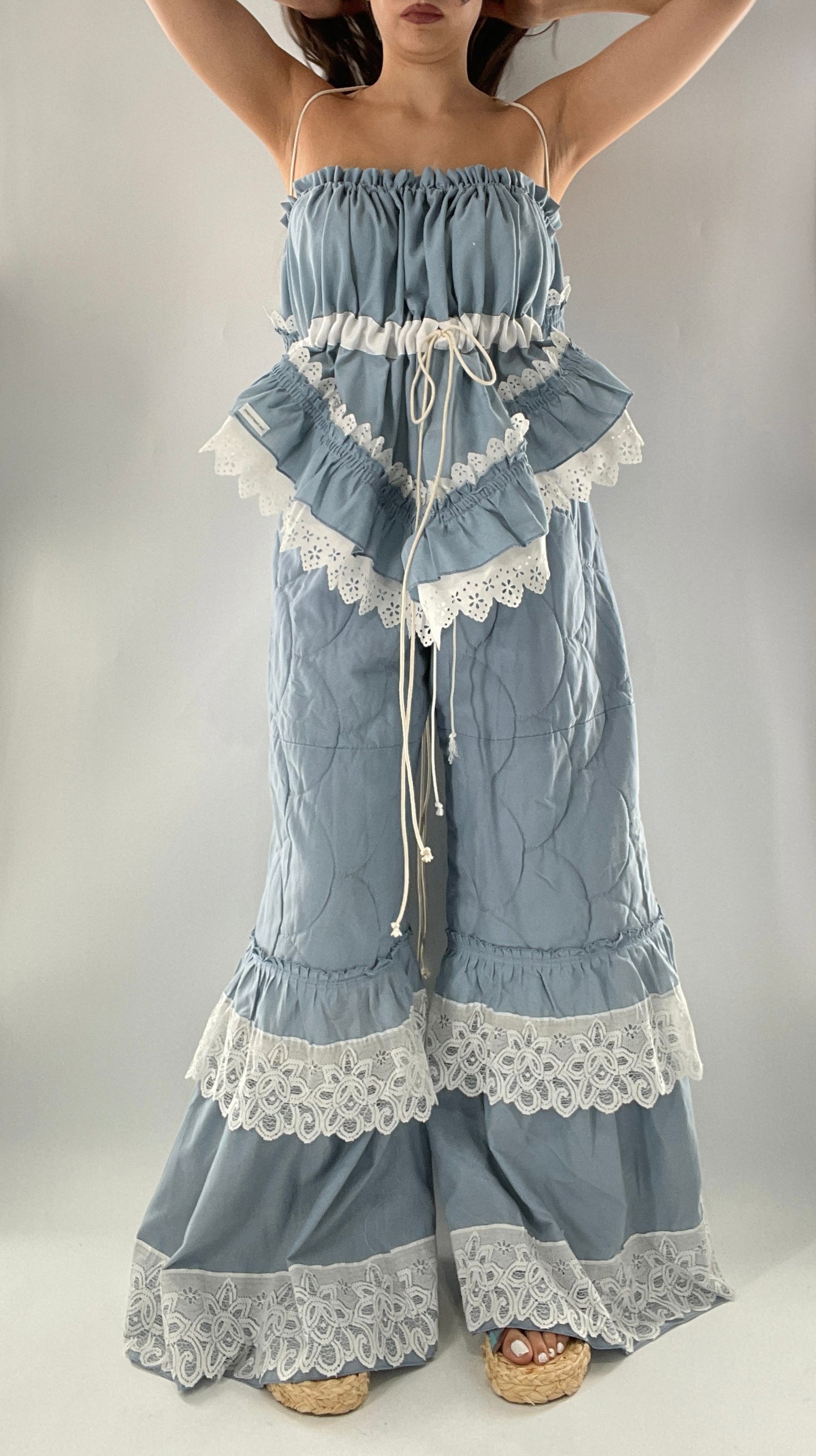 Vintage 2 Piece Powder Blue Set Featuring 2Way Blouse and Quilted Trousers Covered in Ruffles, Lace and Trim (One Size)