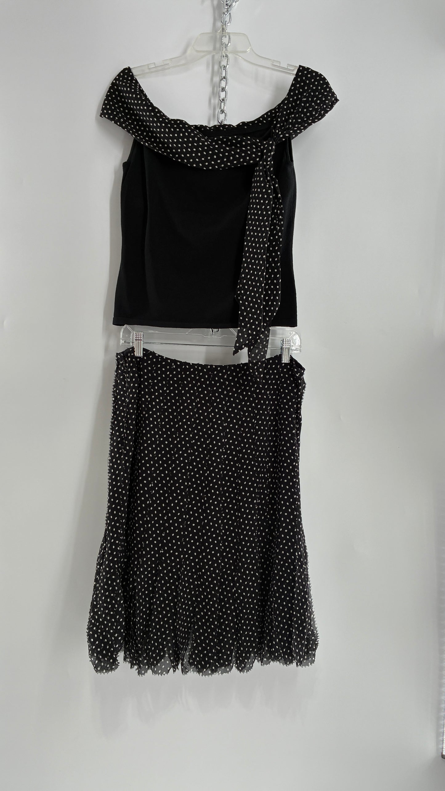 Vintage DANA BUCHMAN 100% Silk Polka Dotted Fringe Skirt and Off the Shoulder Top (Medium)