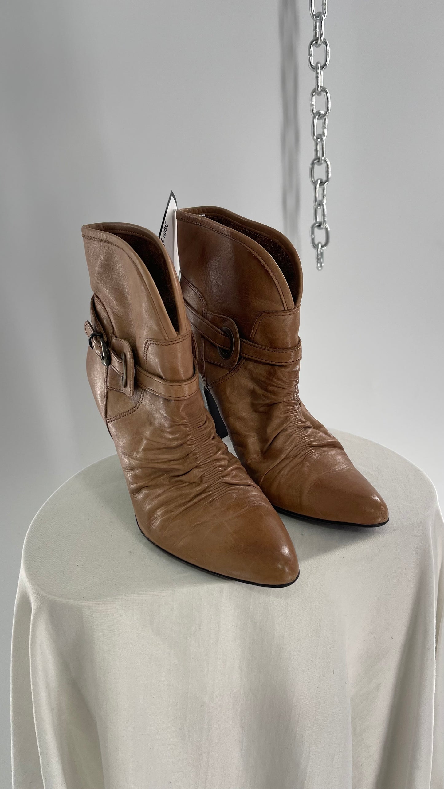 Vintage Pointed Toe Booties with Ruching and Belt Detail Made in Brazil
