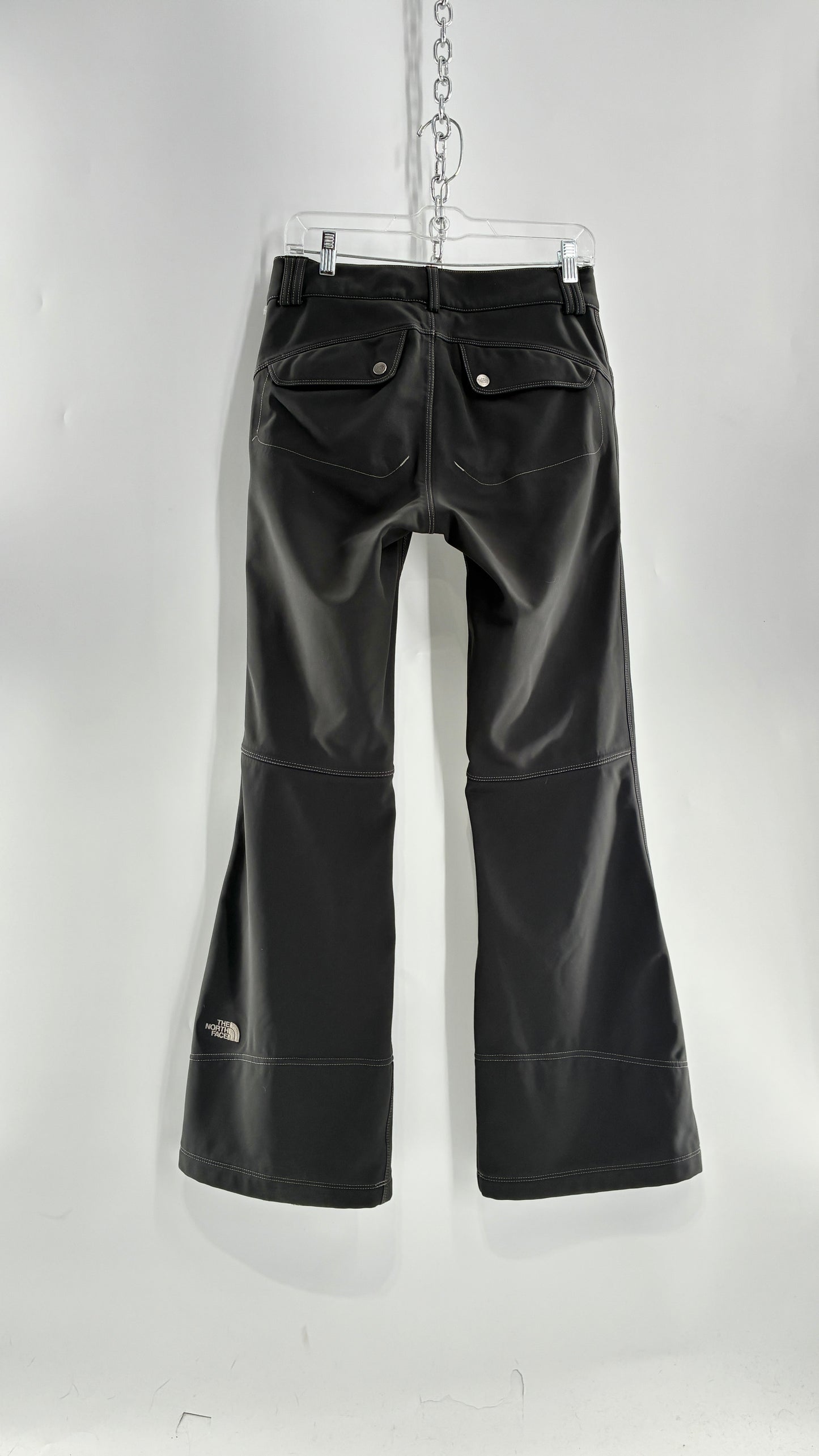 Vintage North Face Dark Gray, Low Rise, Kick Flare Pants with Contrast Stitching, Side Closure and Oversized Bum Pockets (Small)