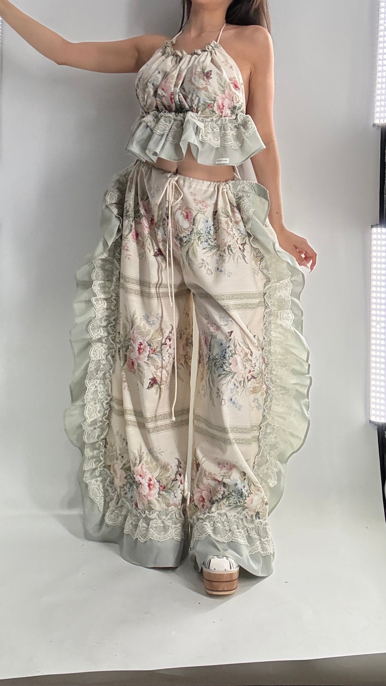 Handmade Vintage Muted Florals Two Piece Set with Adjustable Waist and Bust Lines (XS-XL)