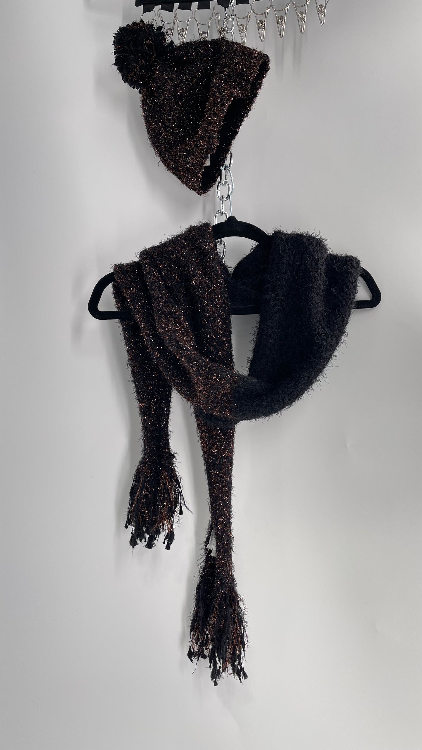 Anthropologie Bronze Tinsel Black Knit Beanie and Skinny Pom Scarf 2pc Set with Tags Attached