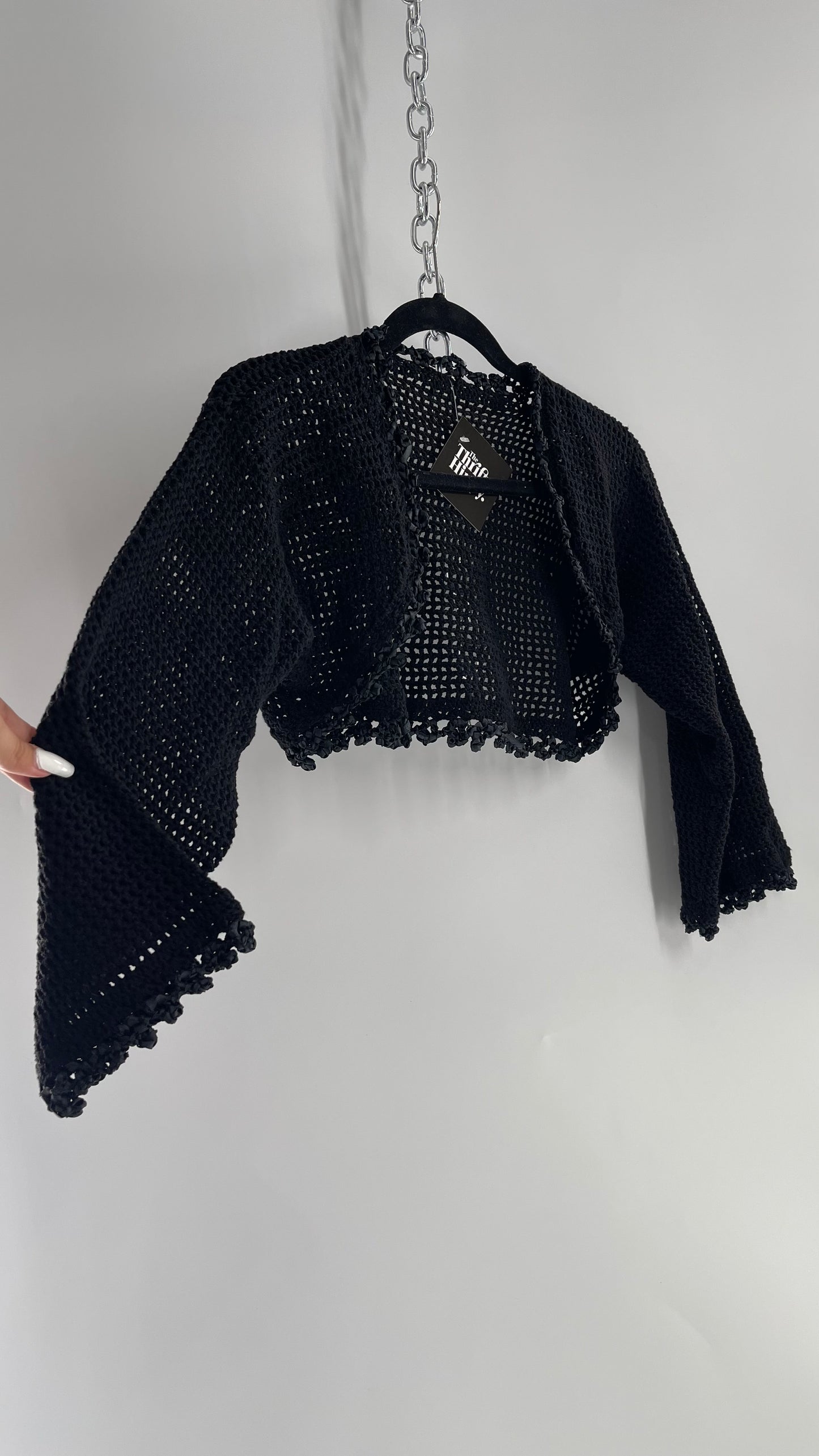 Vintage Black Hand Knit Crochet Shrug with Ribbon Detailing (Medium)