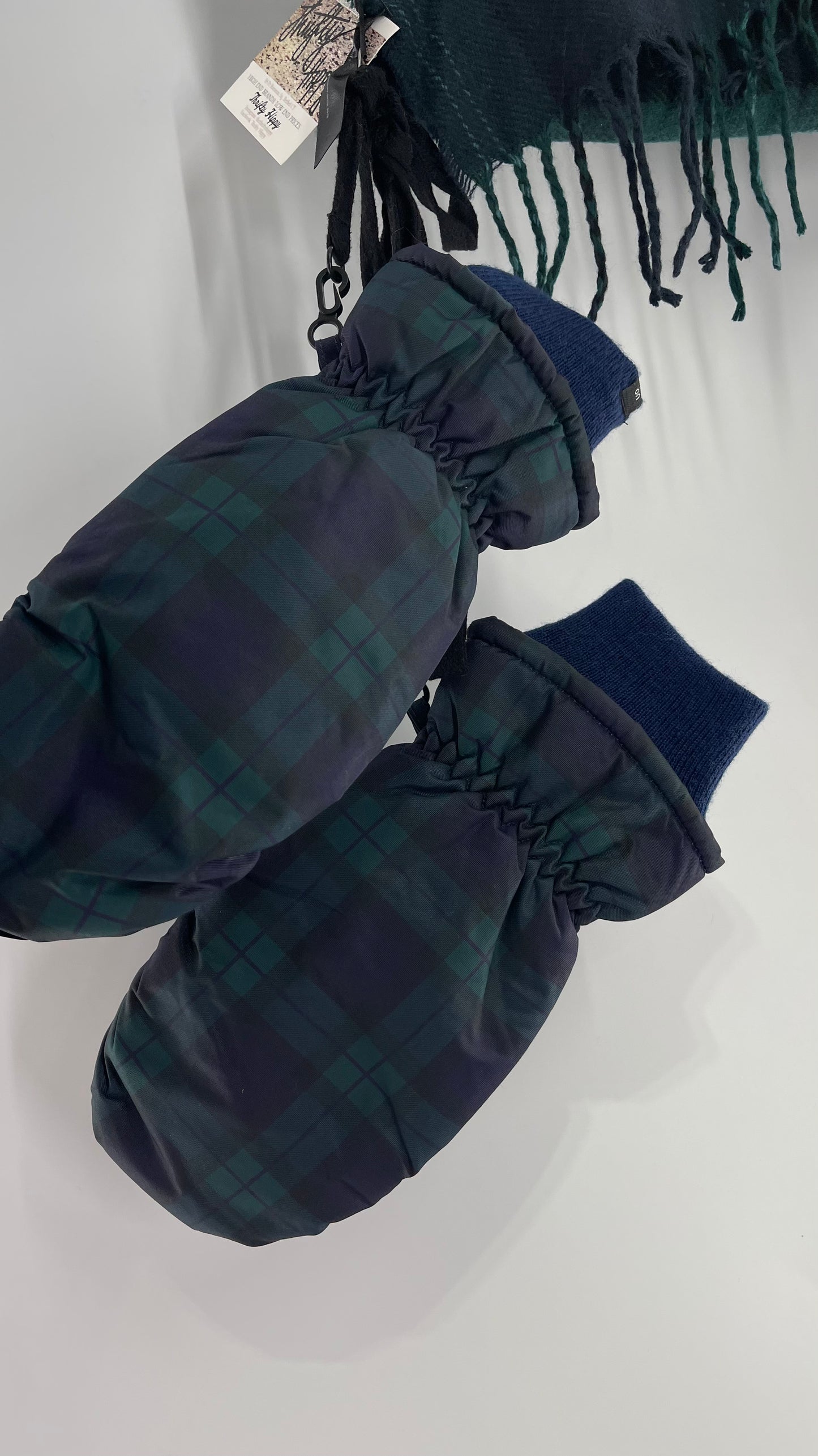 Urban Outfitters Plaid Navy Green Scarf and Matching Glove Set